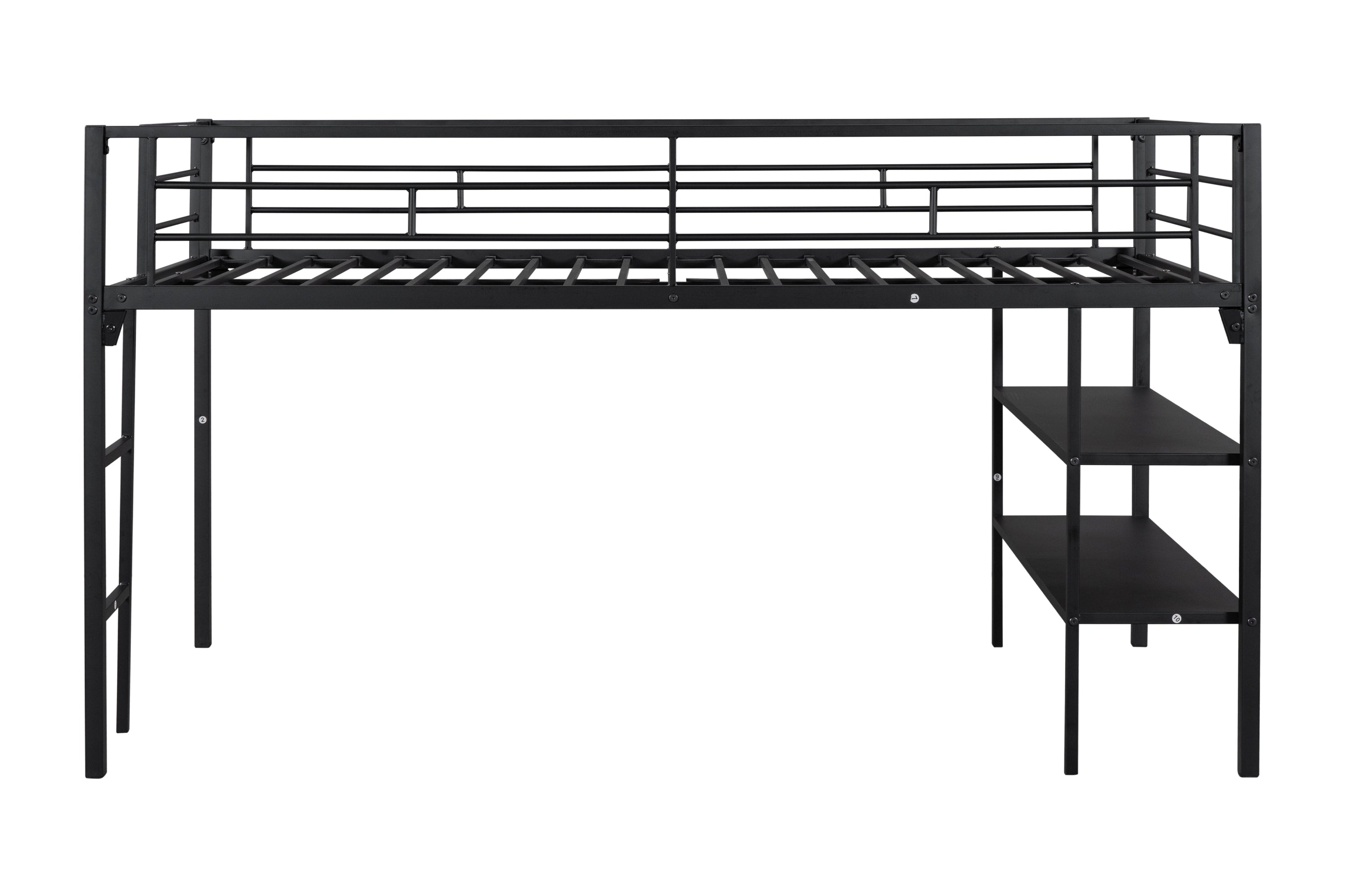 Low Loft bed with storage shelves