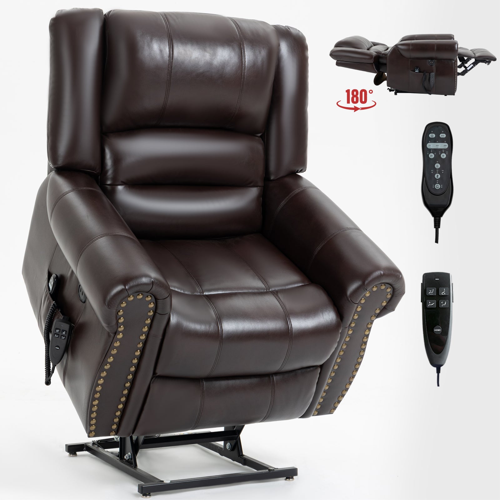 Power Lift Recliner Chair Heat Massage Dual Motor Infinite Position Up to 350 LBS, Faux Leather, Heavy Duty Motion Mechanism with USB Ports, Brown