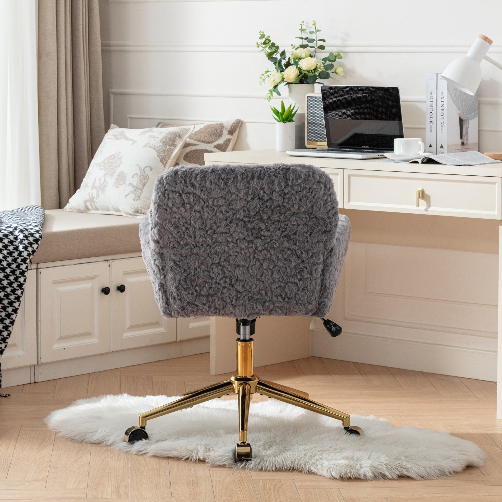 A&A Furniture Office Chair,Artificial rabbit hair Home Office Chair with Golden Metal Base,Adjustable Desk Chair Swivel Office Chair,Vanity Chair(Gray)