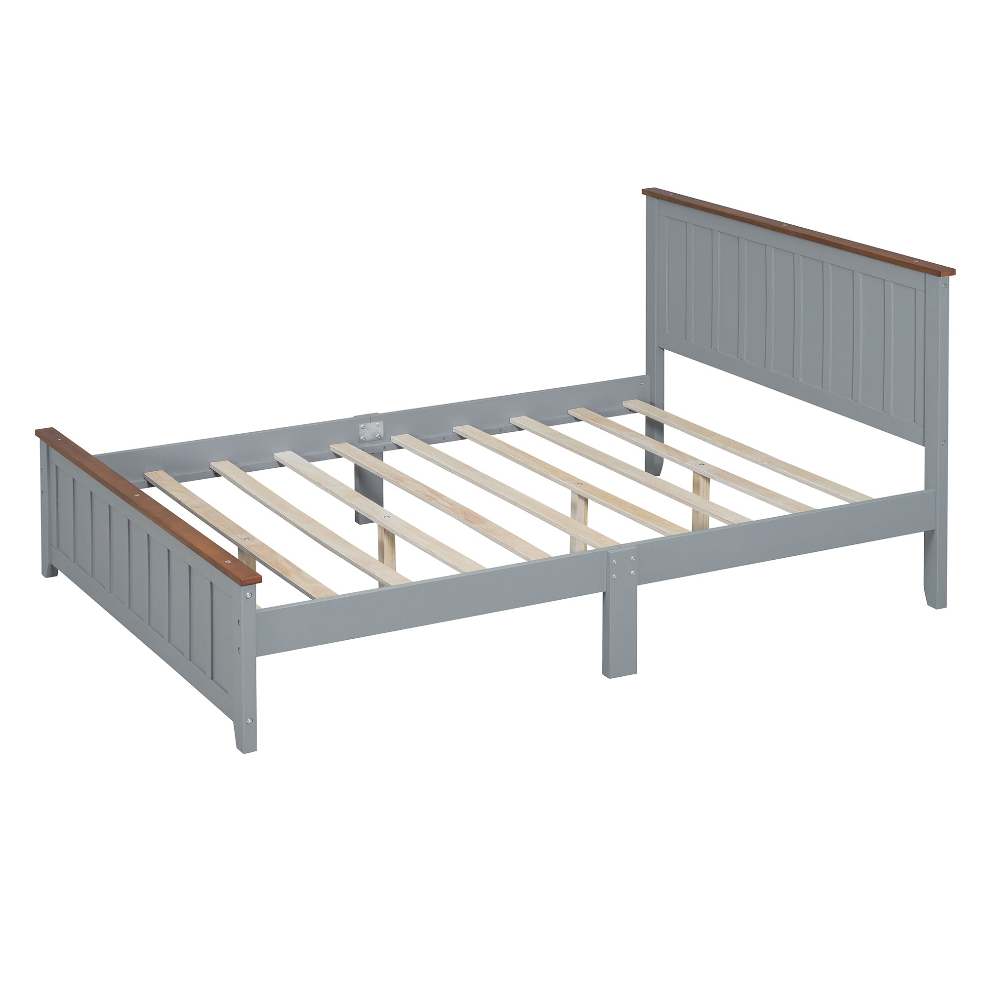 Full Size Wood Platform Bed Wooden Slat Support, Vintage Simple Bed Frame with Rectangular Headboard and Footboard, Grey