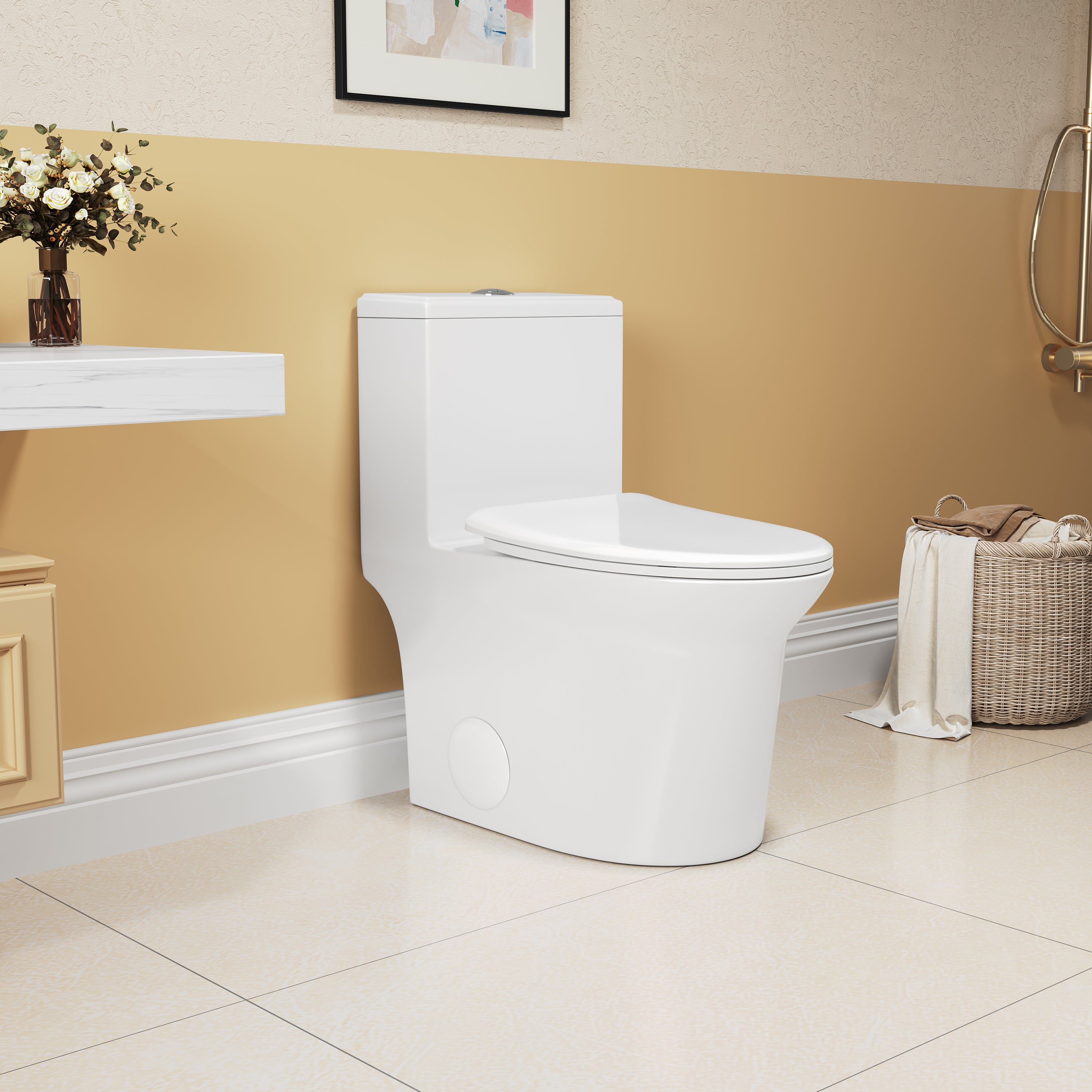 1.1/1.6 GPF Elongated Comfort Height Super Quite Flushing Floor Mounted One-Piece Toilet, CUPC Certified, WaterSense Cetified, Ceramic, White Color, Soft Close Seat