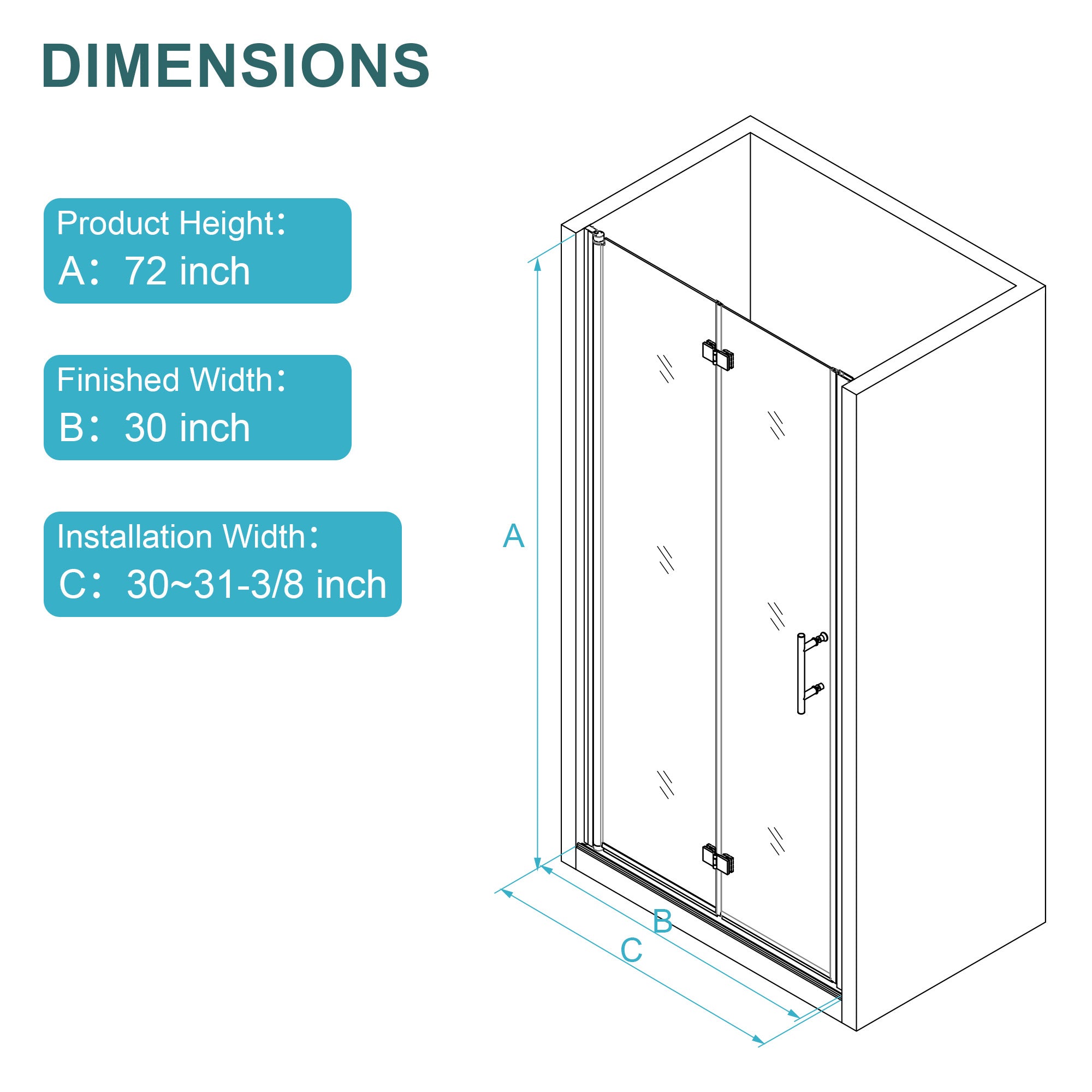 30"W x 72"H Fold Frameless Shower Door with Tempered Glass