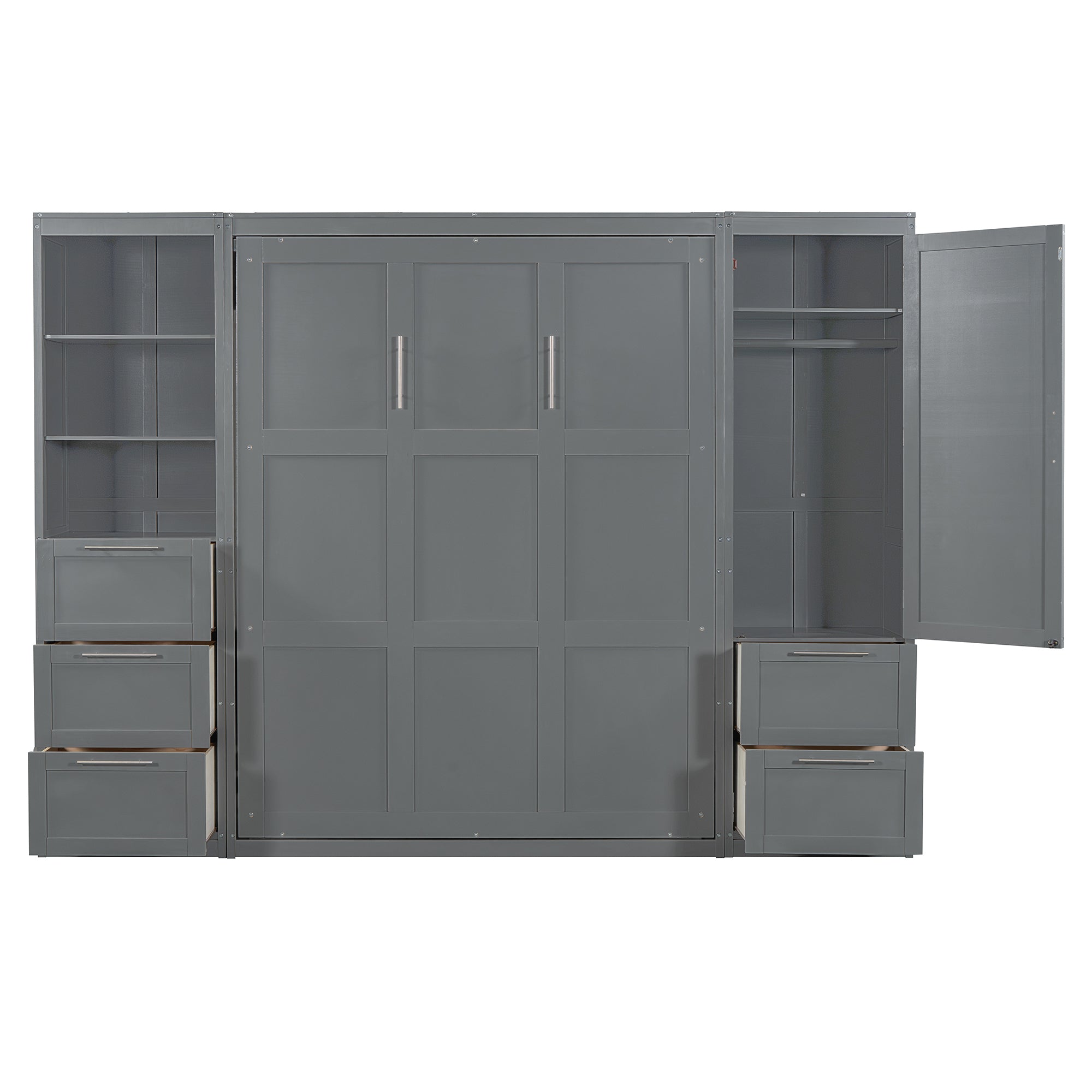 Queen Size Murphy Bed Wall Bed with Closet ,Drawers and Shelves,Gray