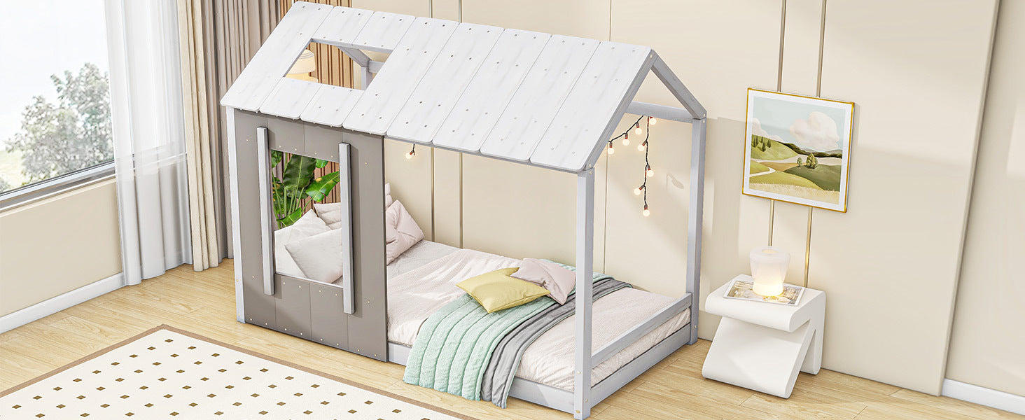 Twin Size House Platform with Roof and Window, White+Antique Grey(Old SKU: WF294130AAE)