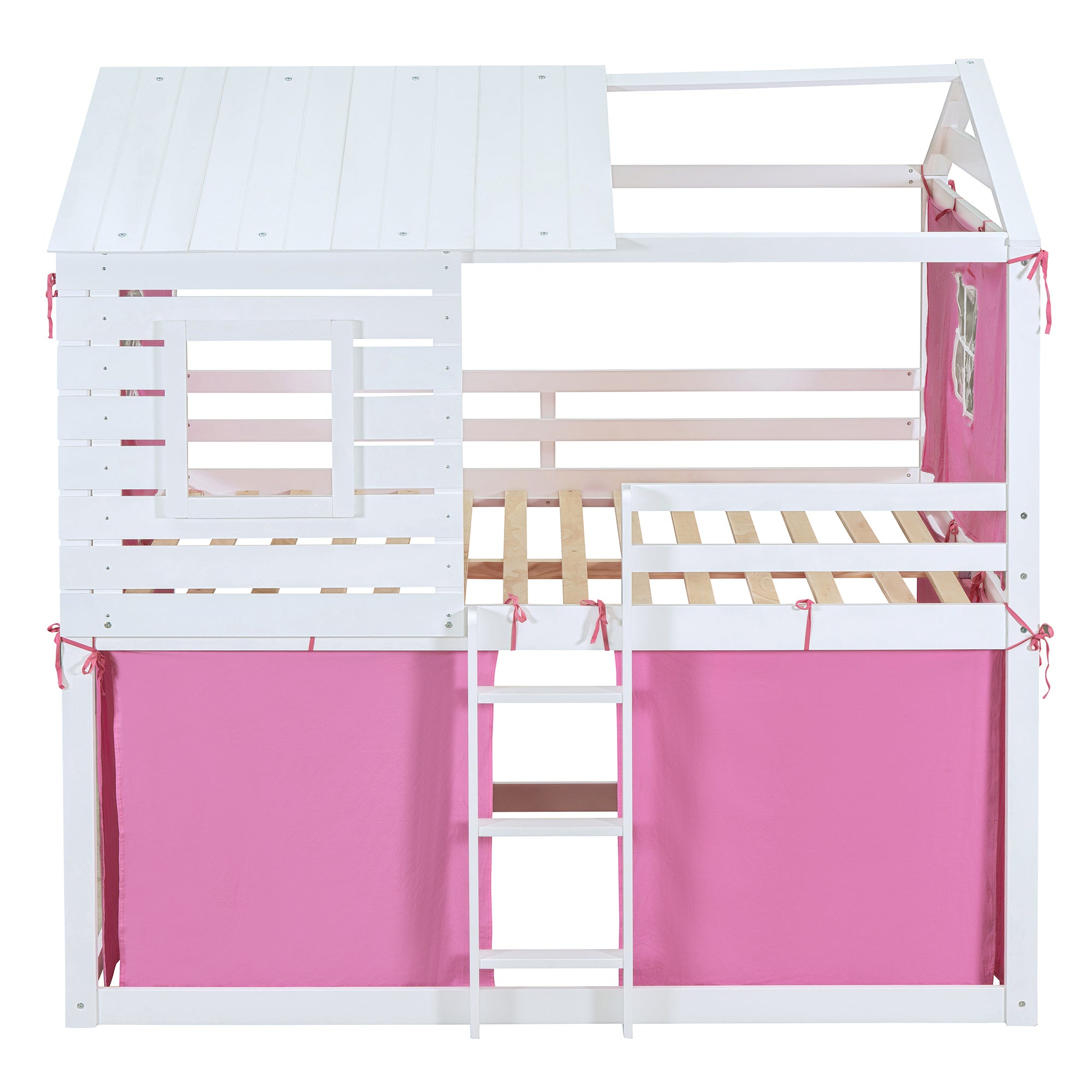 Full Size Bunk Wood House Bed with Tent, Pink+White