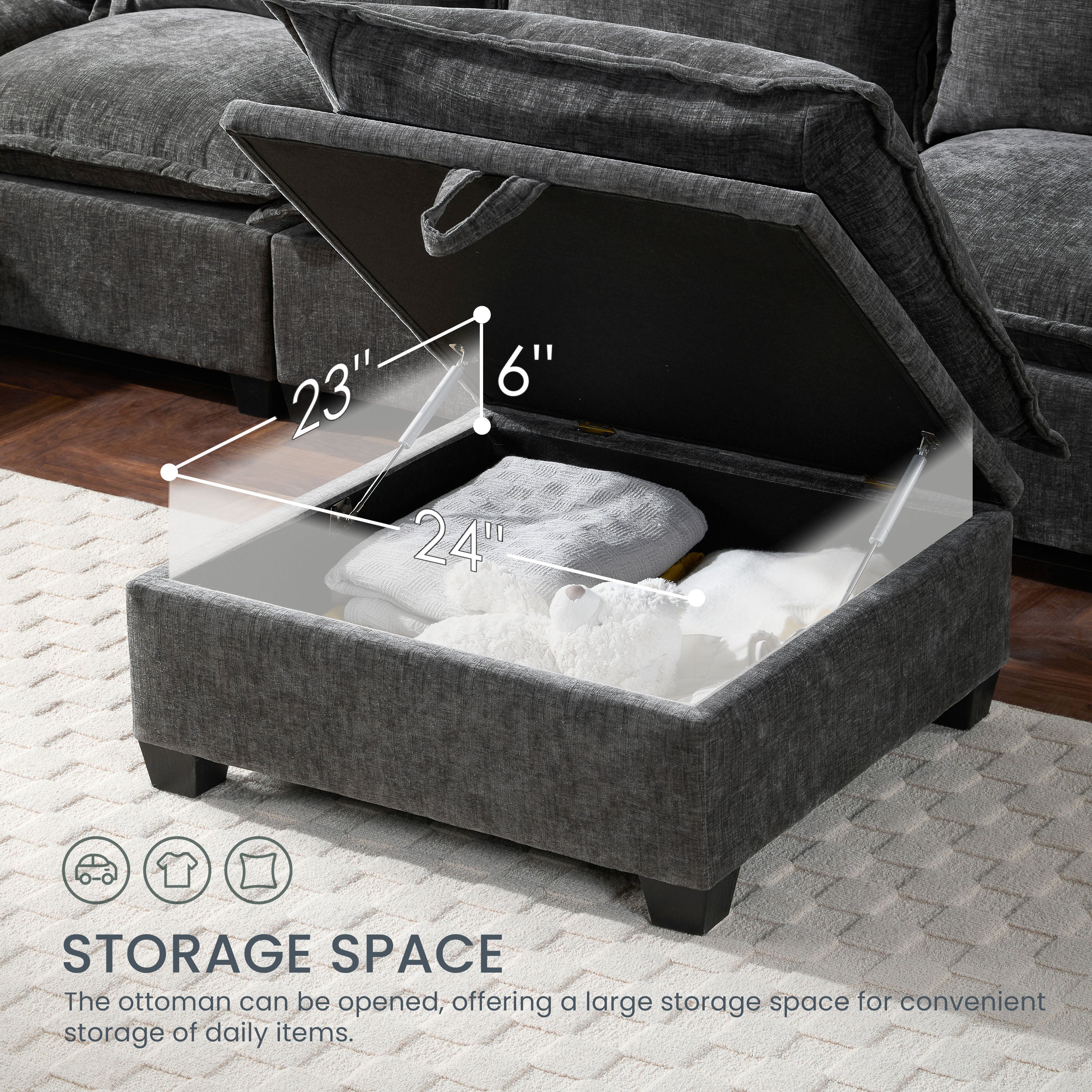 Sectional sofa storage ottoman open, chenille finish, detail view