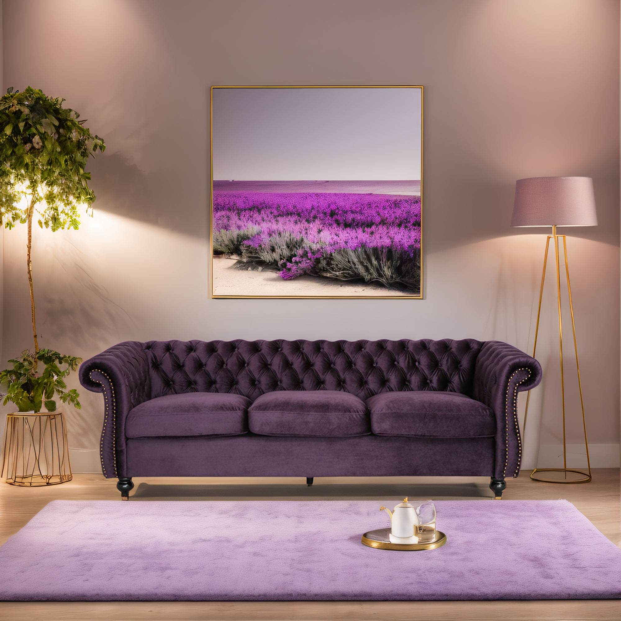 Luxurious 3-Seater Purple Velvet Sofa, Featuring a Classic Design with Modern Elegance, Perfect for Adding Sophistication and Style to Any Living Room, Plush Comfort and Durable Craftsmanship