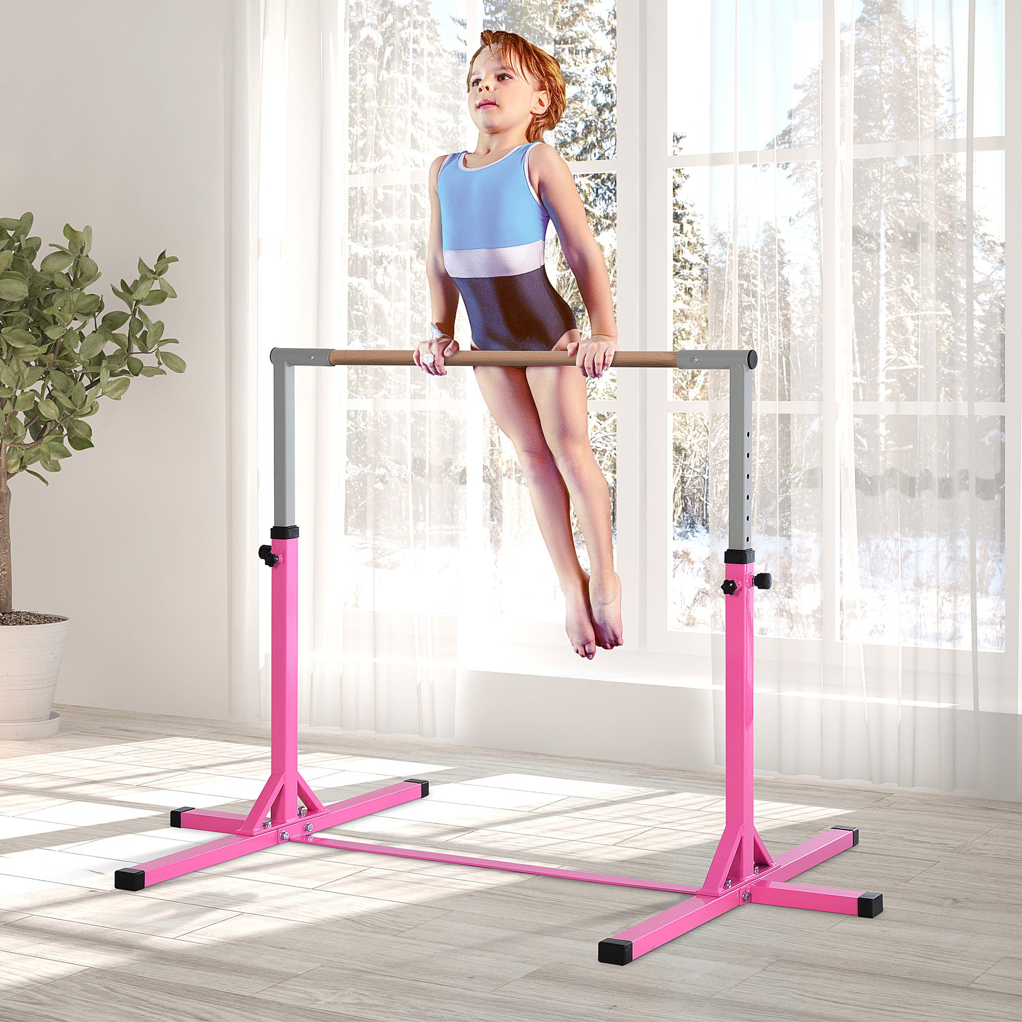 Soozier Gymnastics Bar for Kids, Adjustable Height Gym Bar, Junior Training Kip Bar for Home, Built for kids 3+ Years, Pink