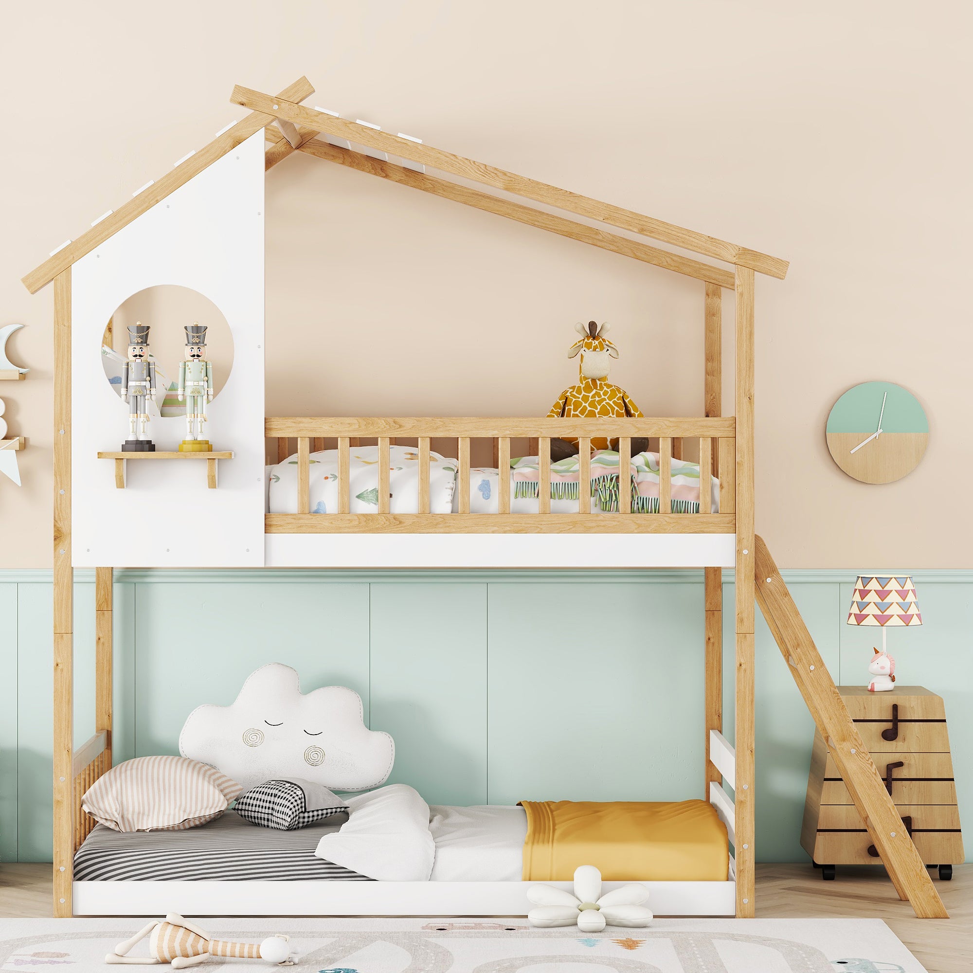 Twin Over Twin Bunk Bed Wood Bed with Roof, Window, Ladder,Natural(OLD SKU :LT100008AAD)