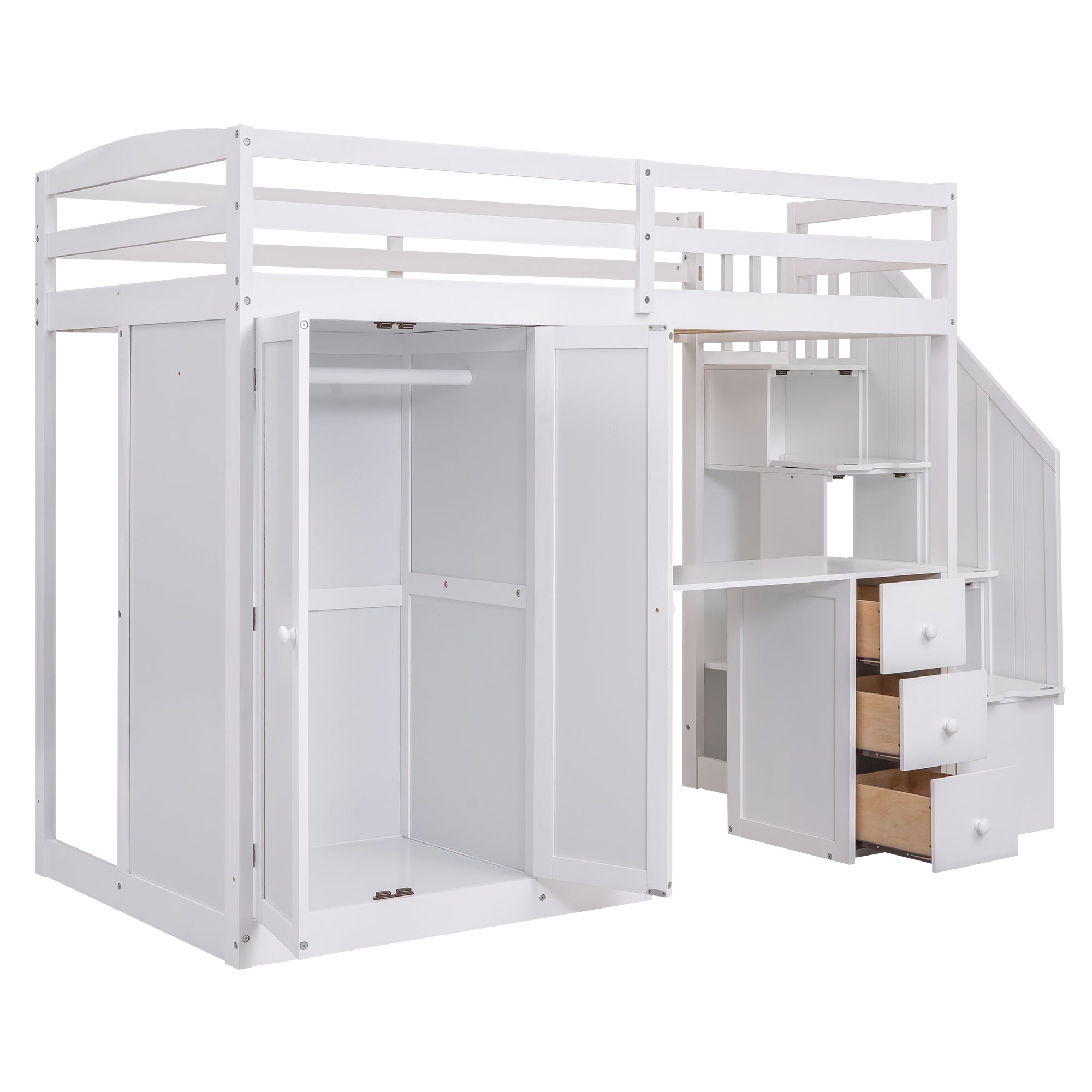 Twin Size Loft Bed with Wardrobe and Staircase, Desk and Storage Drawers and Cabinet in 1, White