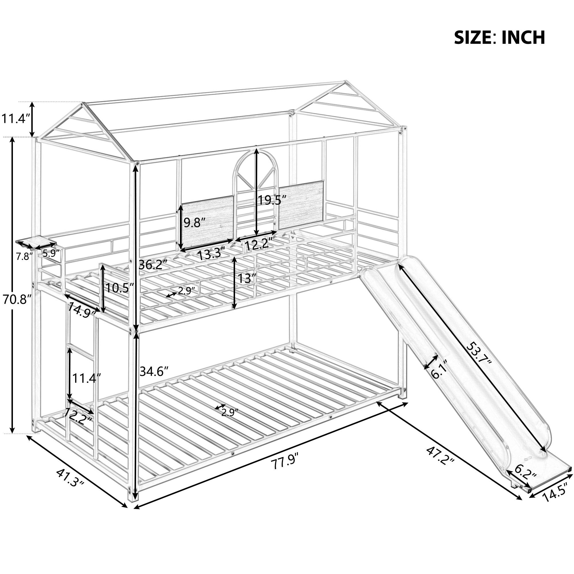 Twin Over Twin Metal Bunk Bed ,Metal Housebed With Slide,Three Colors Available.(Black with Red Slide)(OLD SKU :LP000095AAJ)