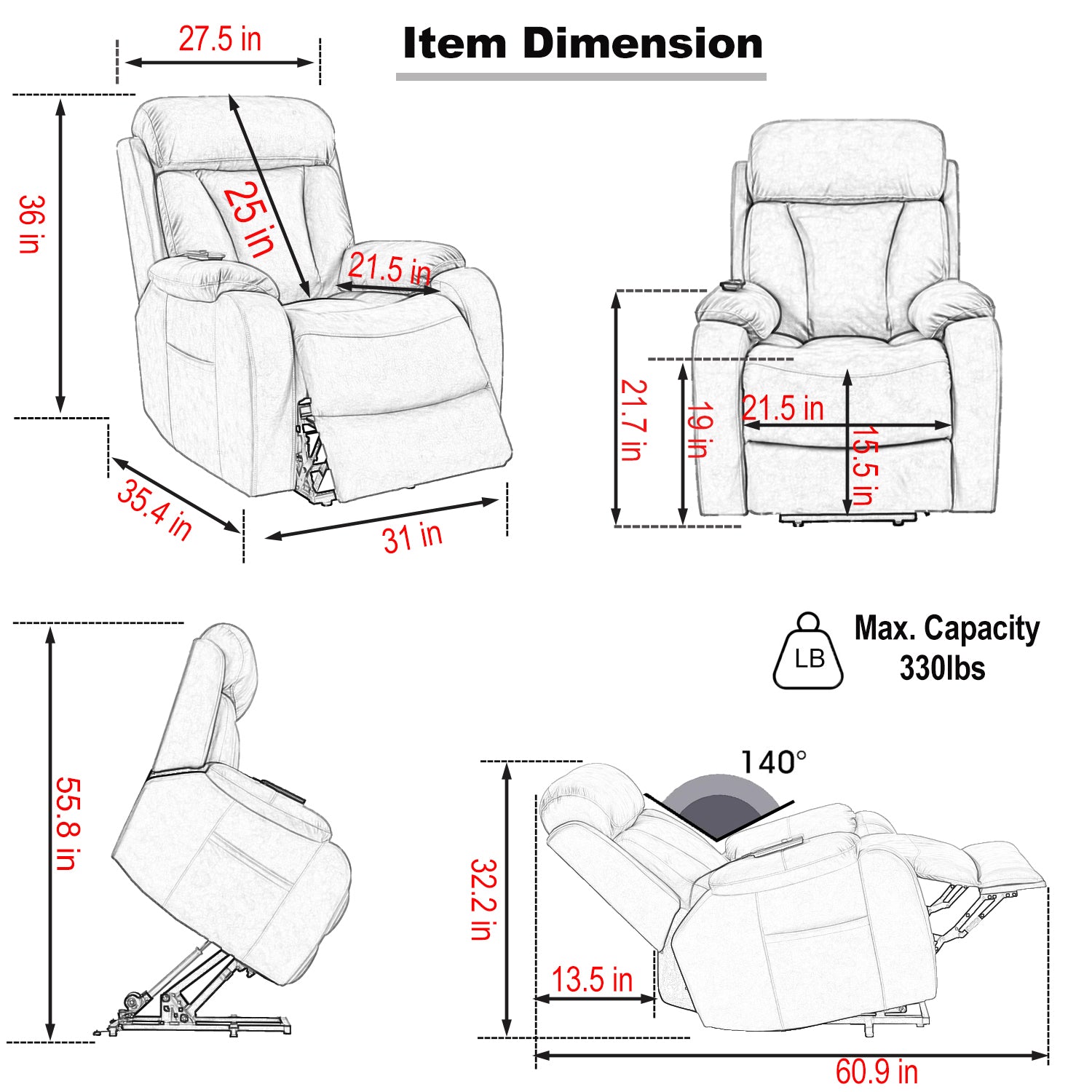 Lift Chair Recliner for Elderly Power Remote Control Recliner Sofa Relax Soft Chair Anti-skid Australia Cashmere Fabric Furniture Living Room(Dark Gray)