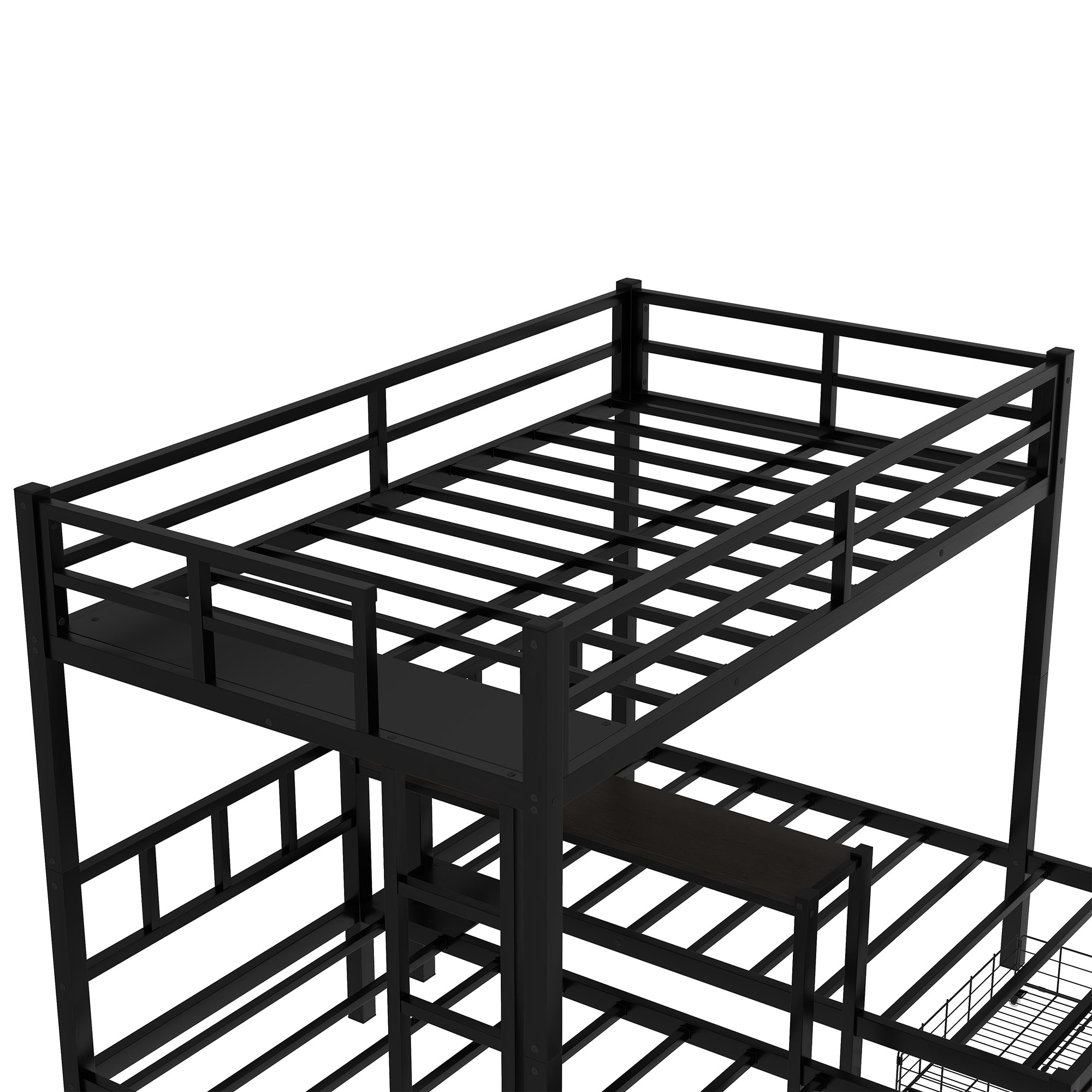 FULL XL Over Twin & Twin Triple Bunk Bed with Drawers, Multi-functional Metal Frame Bed with desks and shelves in the middle, Black