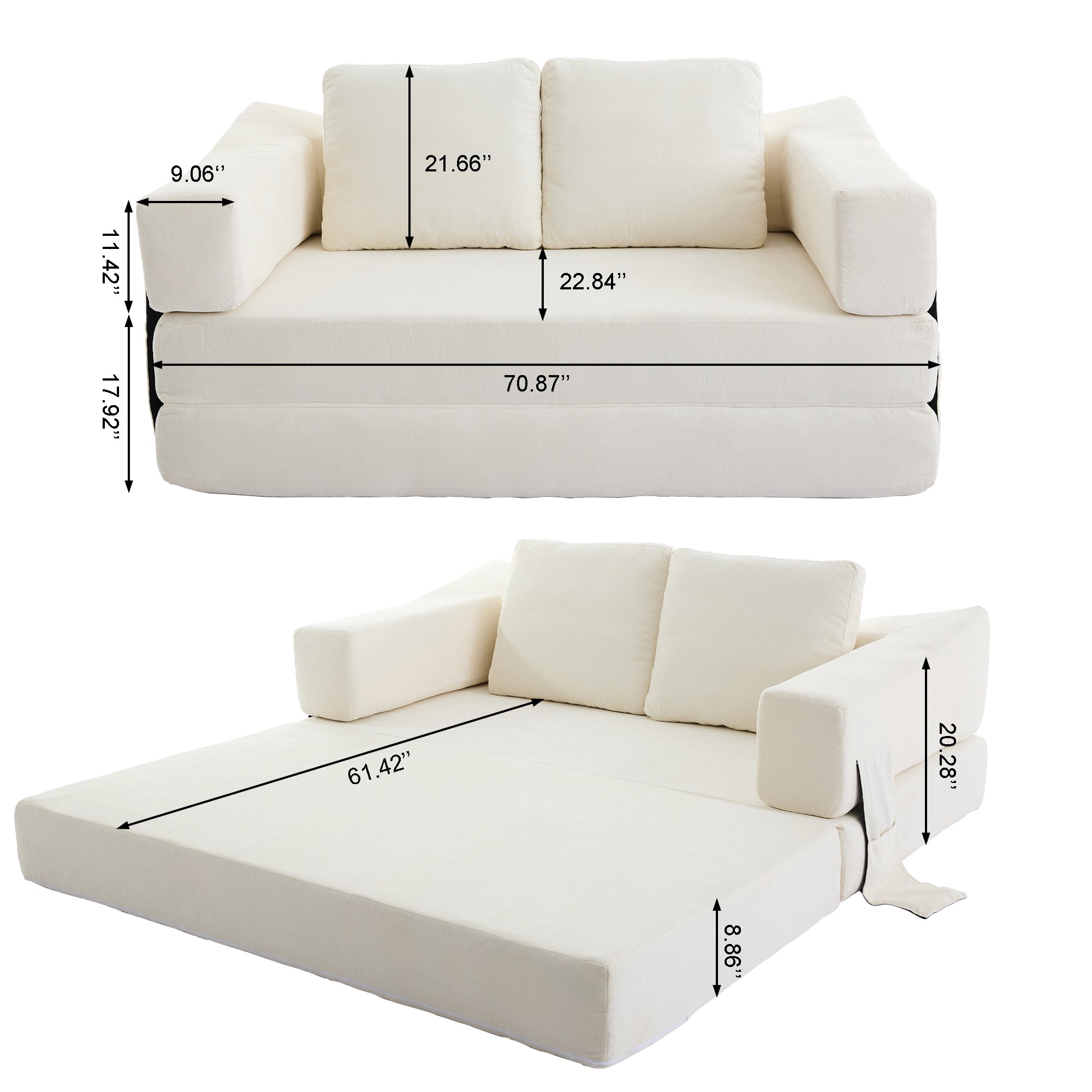 Modern Minimalist Sofa, Fold-Out Sofa Bed, Convertible Chair Floor Couch & Sleeping Mattress for Living room, Bedroom, Apartment, Removable Backrest, White