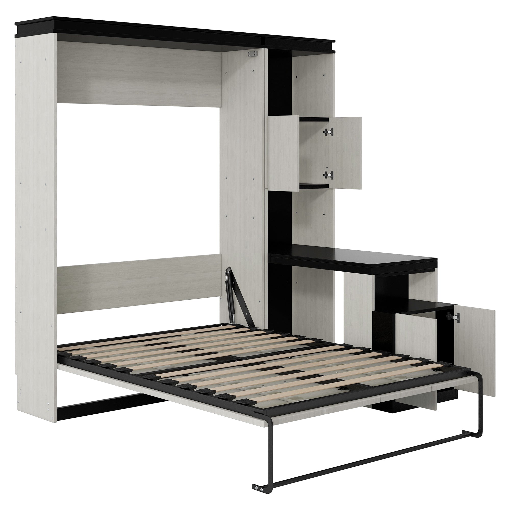 Full Size Murphy Bed with Desk and Storage Shelves and  Cabinets, Black+White