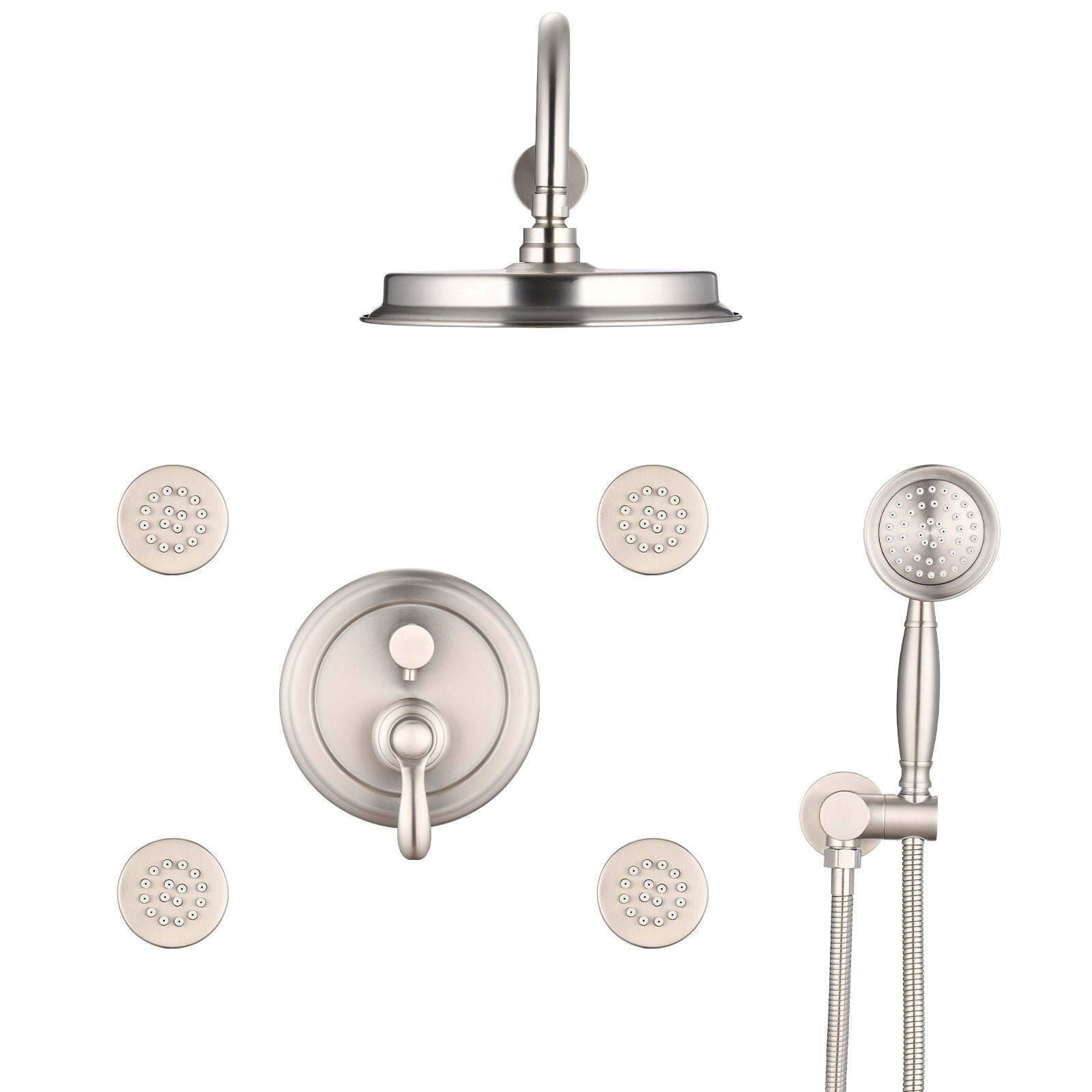 Single-Handle 4-Spray Patterns Bathroom Rain Shower Faucet with Body Jet Handshower in Brushed Nickel (Valve Included)