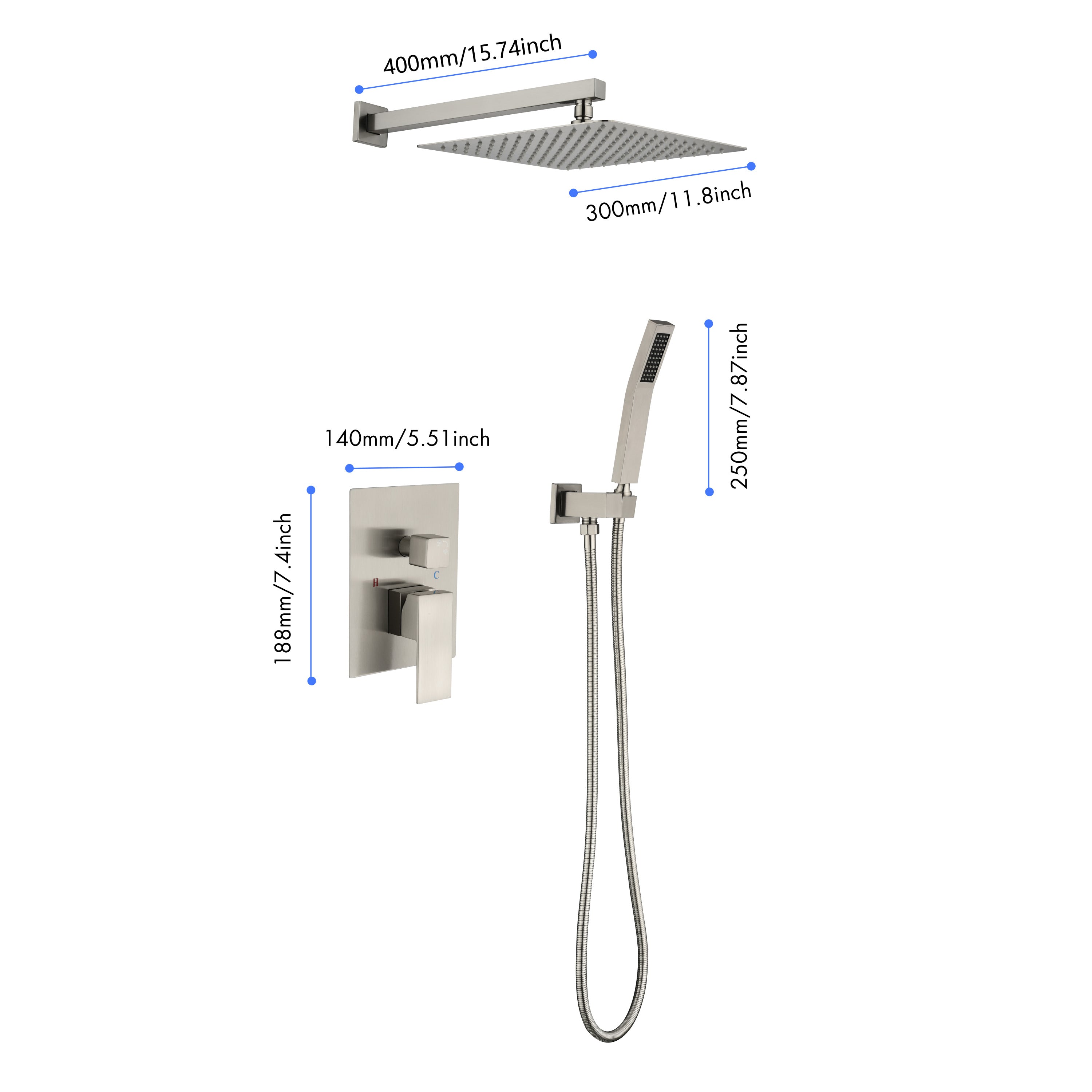 Shower System with Shower Head, Hand Shower, Hose, Valve Trim,Lever Handles and Niche