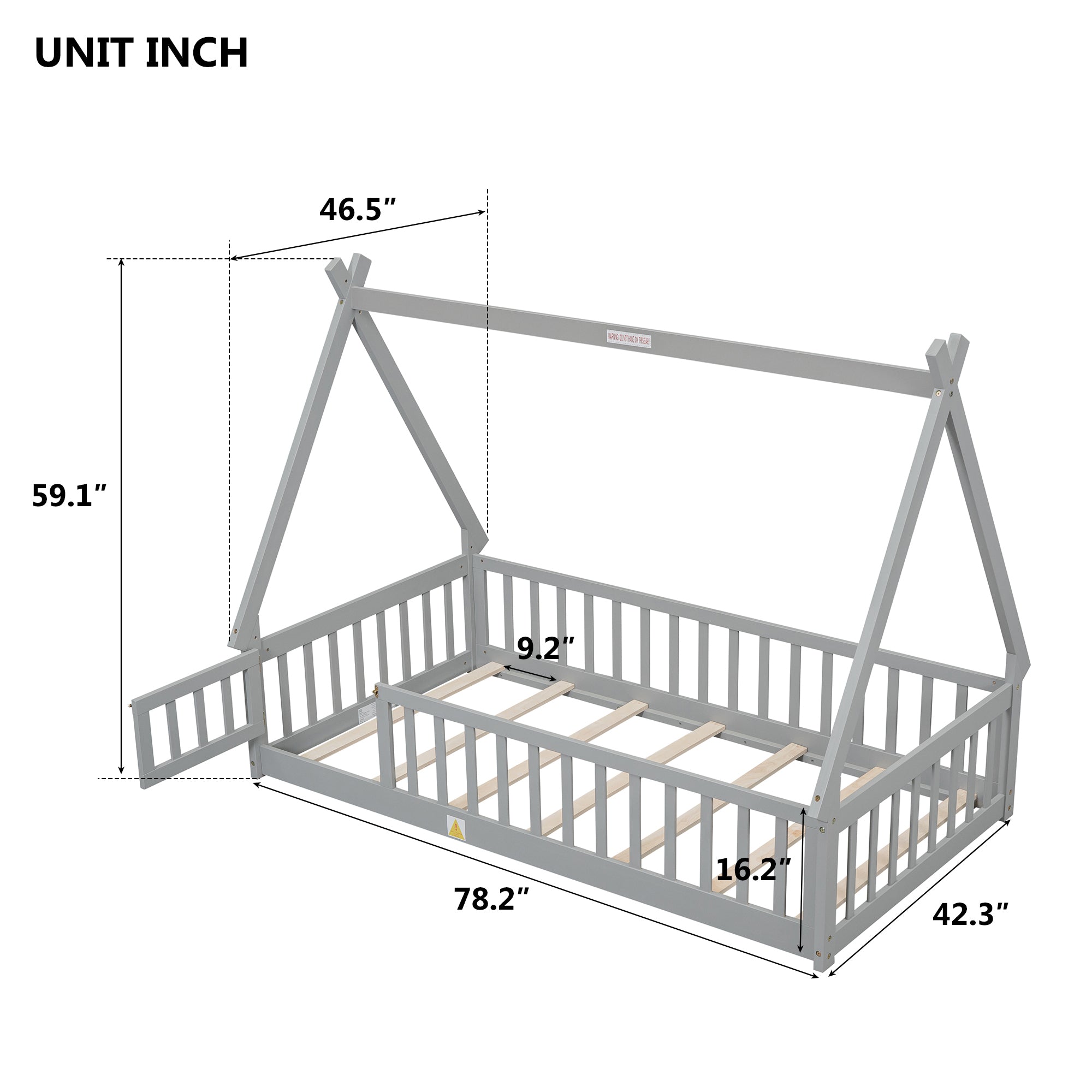 Twin Tent-shaped Floor Bed, with Guardrails, Slats, Door ,Grey