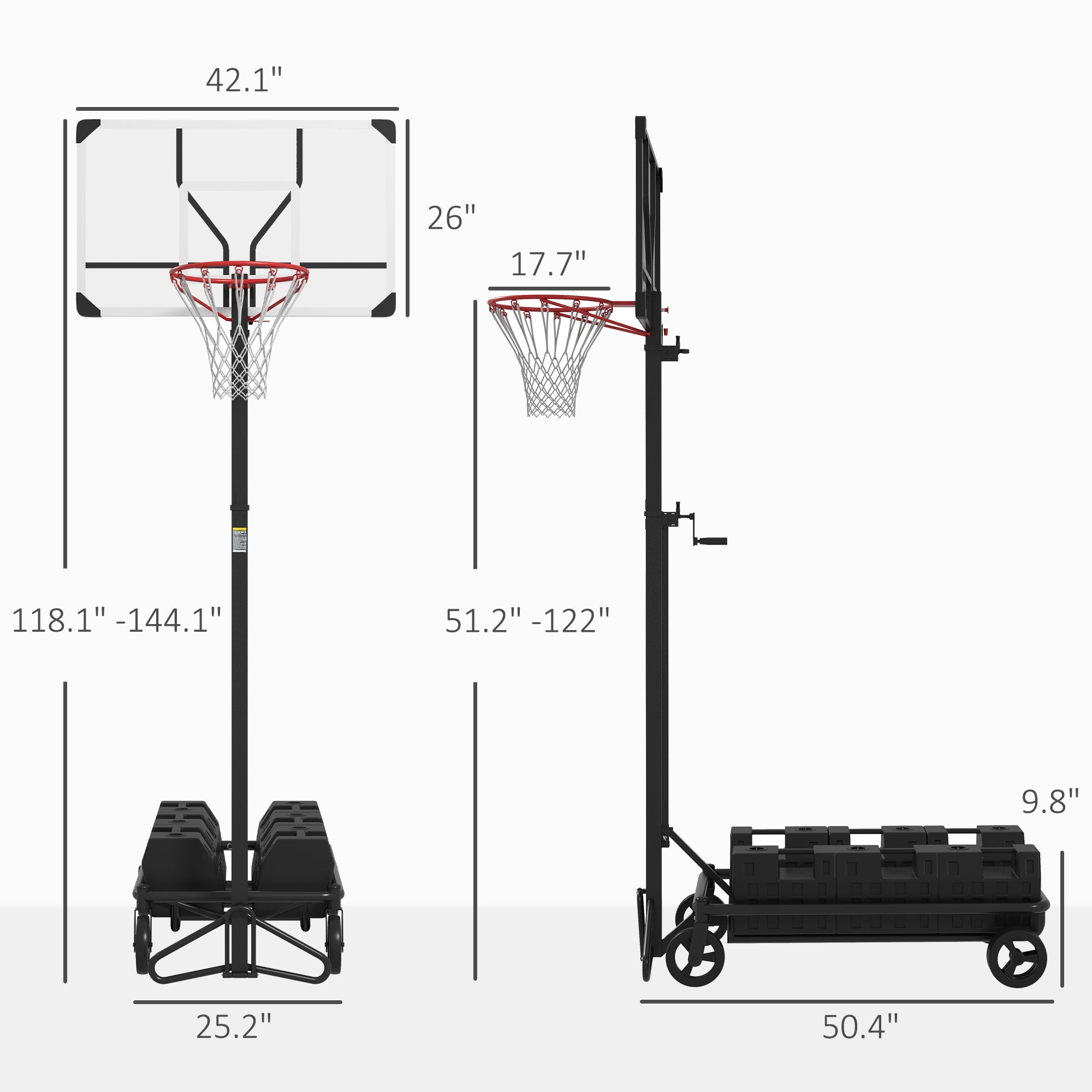 Soozier Portable Basketball Hoop, Fully Foldable Basketball Goal, 4.3-10.2ft Height Adjustable Basketball System with 4 Wheels and Extra Wide Base for Teenagers, Youth & Adults