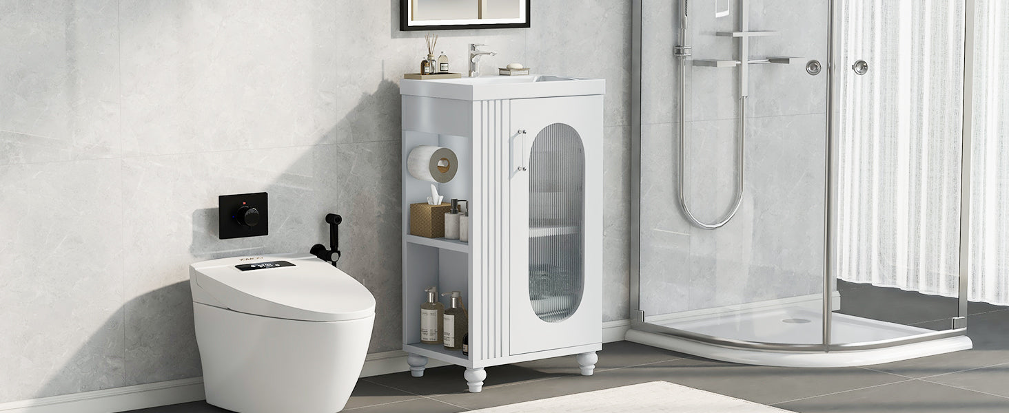 20" Bathroom Vanity with Sink, Bathroom Vanity Cabinet with Two-tier Shelf, Adjustable Shelf, Solid Wood and MDF, White