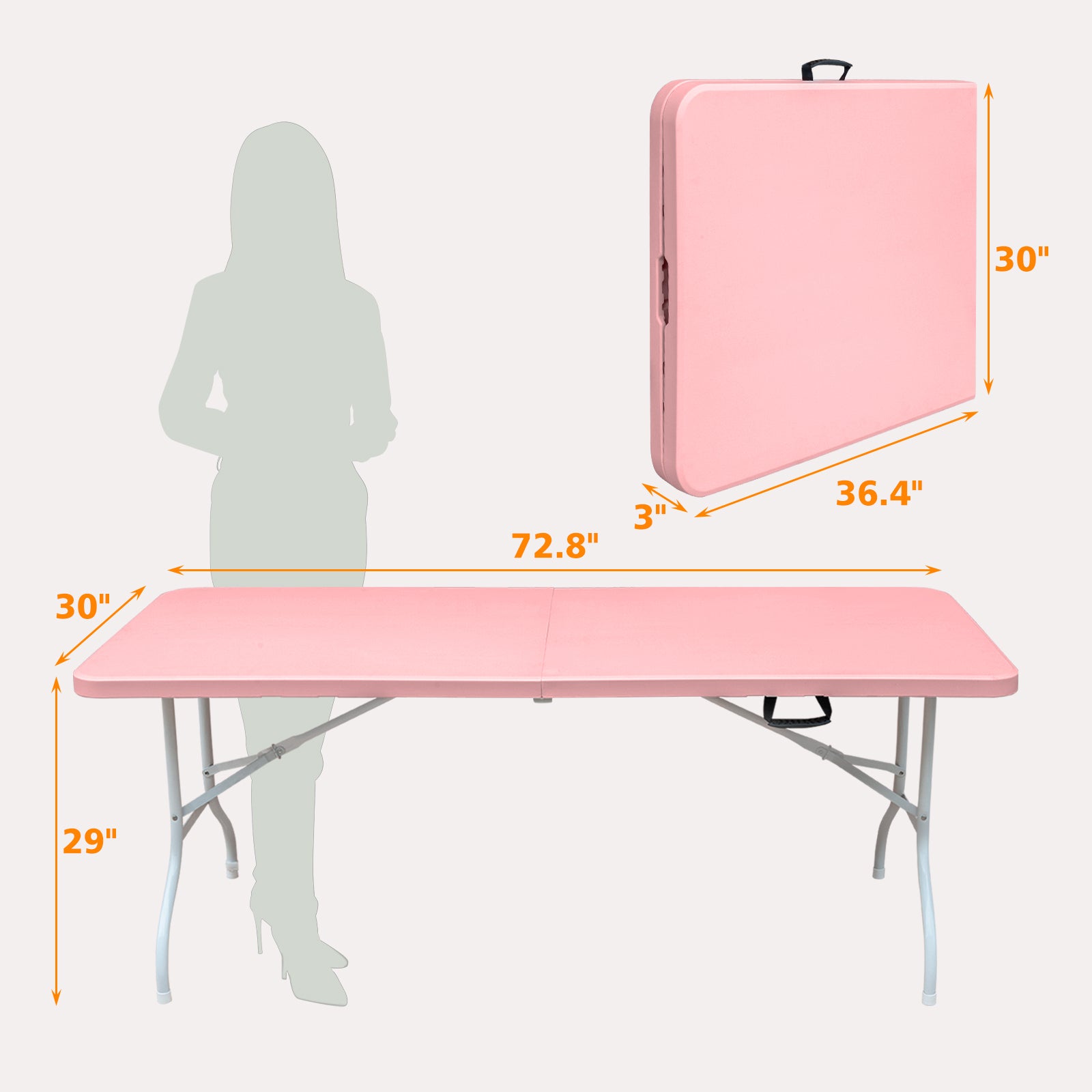 6ft Pink Folding Table, Portable Plastic Table for Camping, Picnics, Parties, High Load Bearing Foldable Table