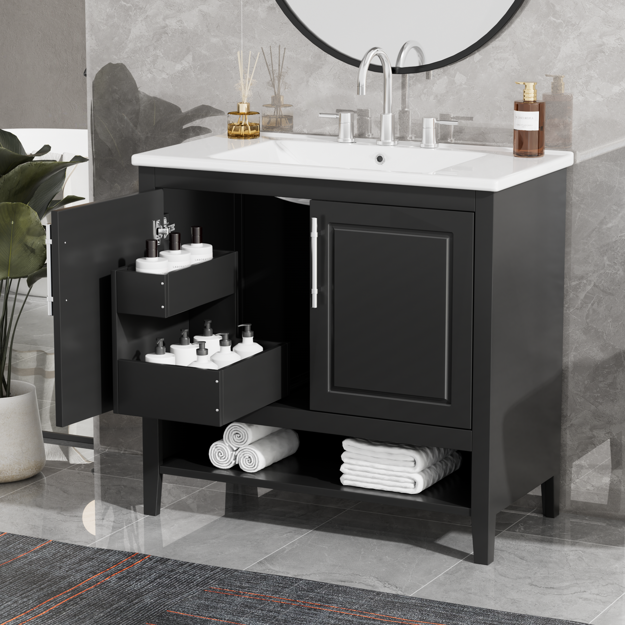 36" Bathroom Vanity with Sink, Multi-functional Bathroom Cabinet with Doors and Drawers, MDF Frame and MDF Board, Black