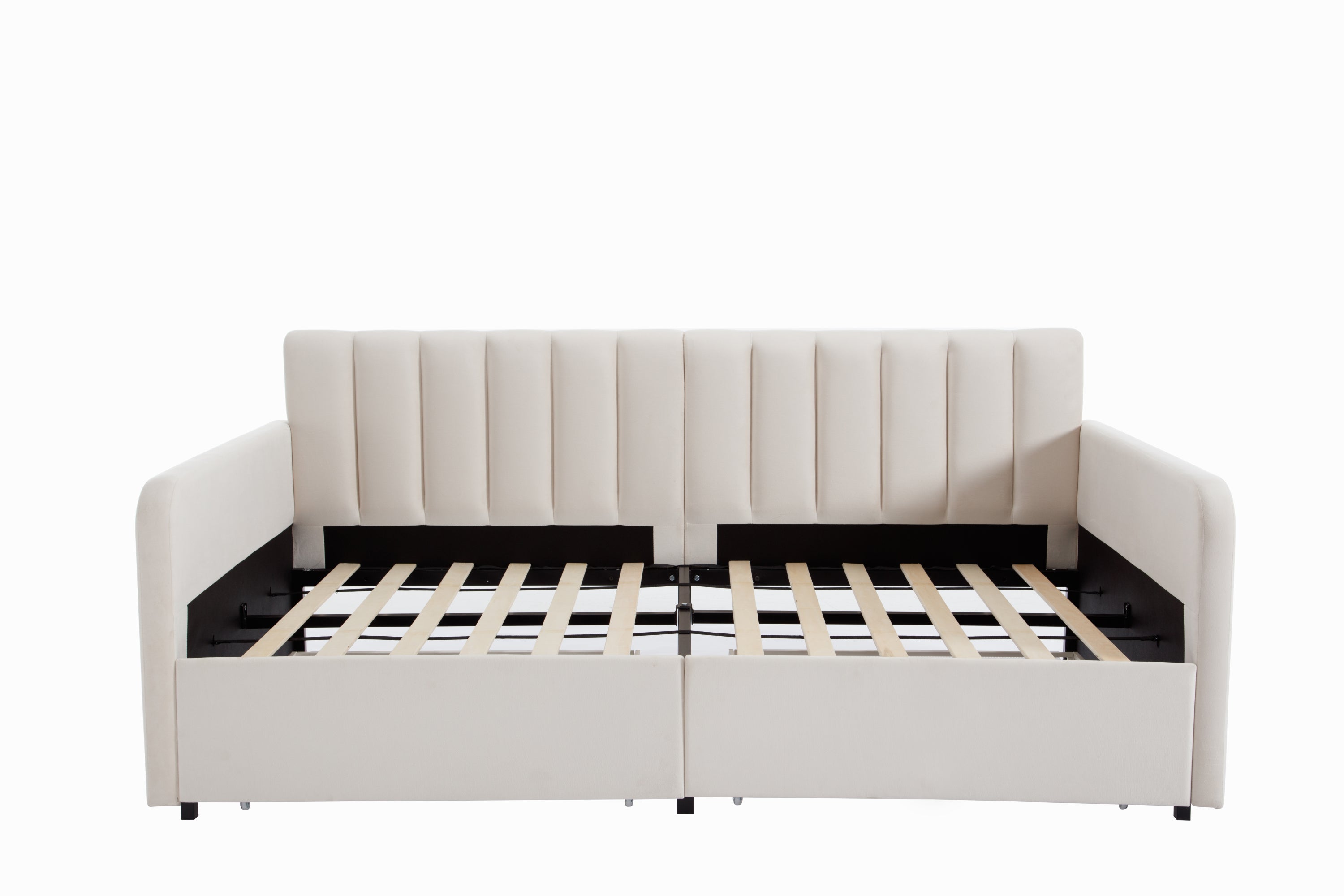 Flora Upholstered Daybed with 2 Drawers, Twin, Ivory Velvet, Ribbed Tufted Backrest, Daybed in Lavish Modern Design