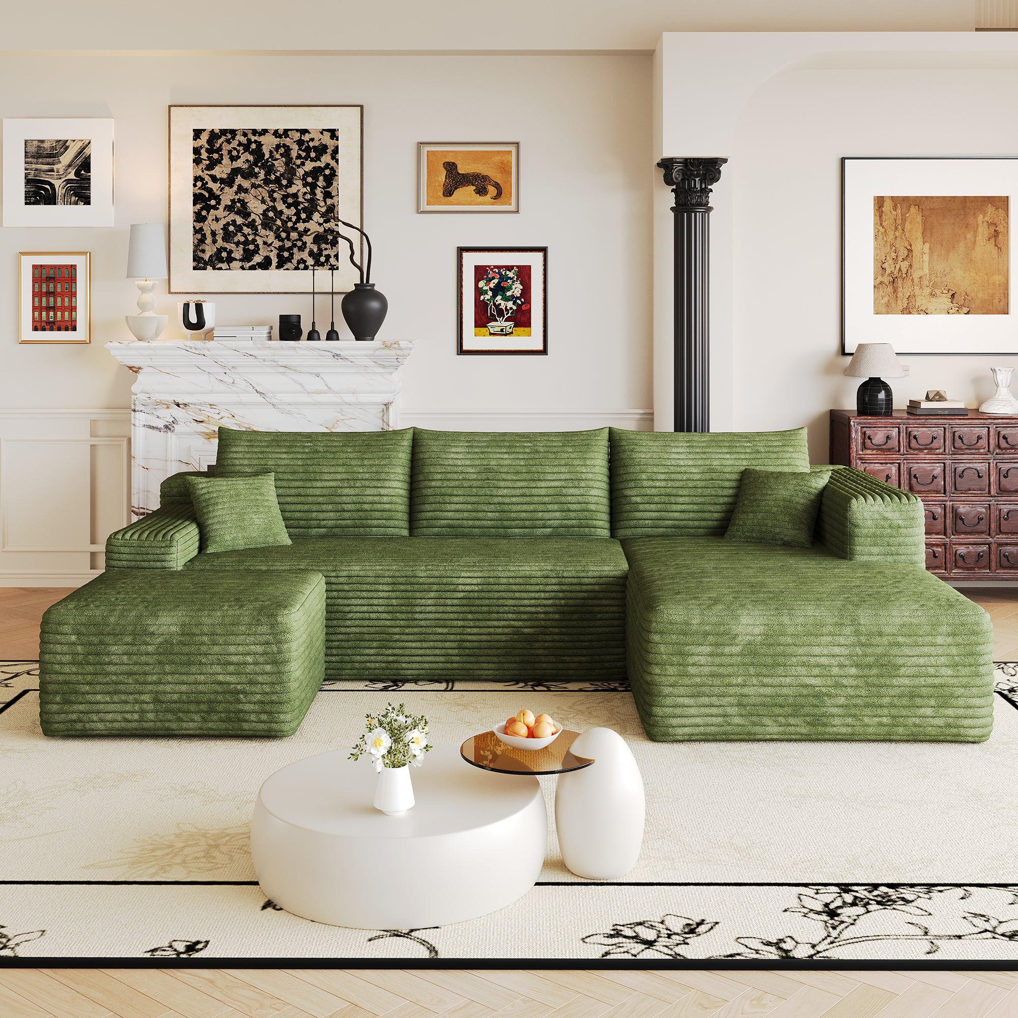 Green corduroy sectional sofa, plush fabric texture close-up