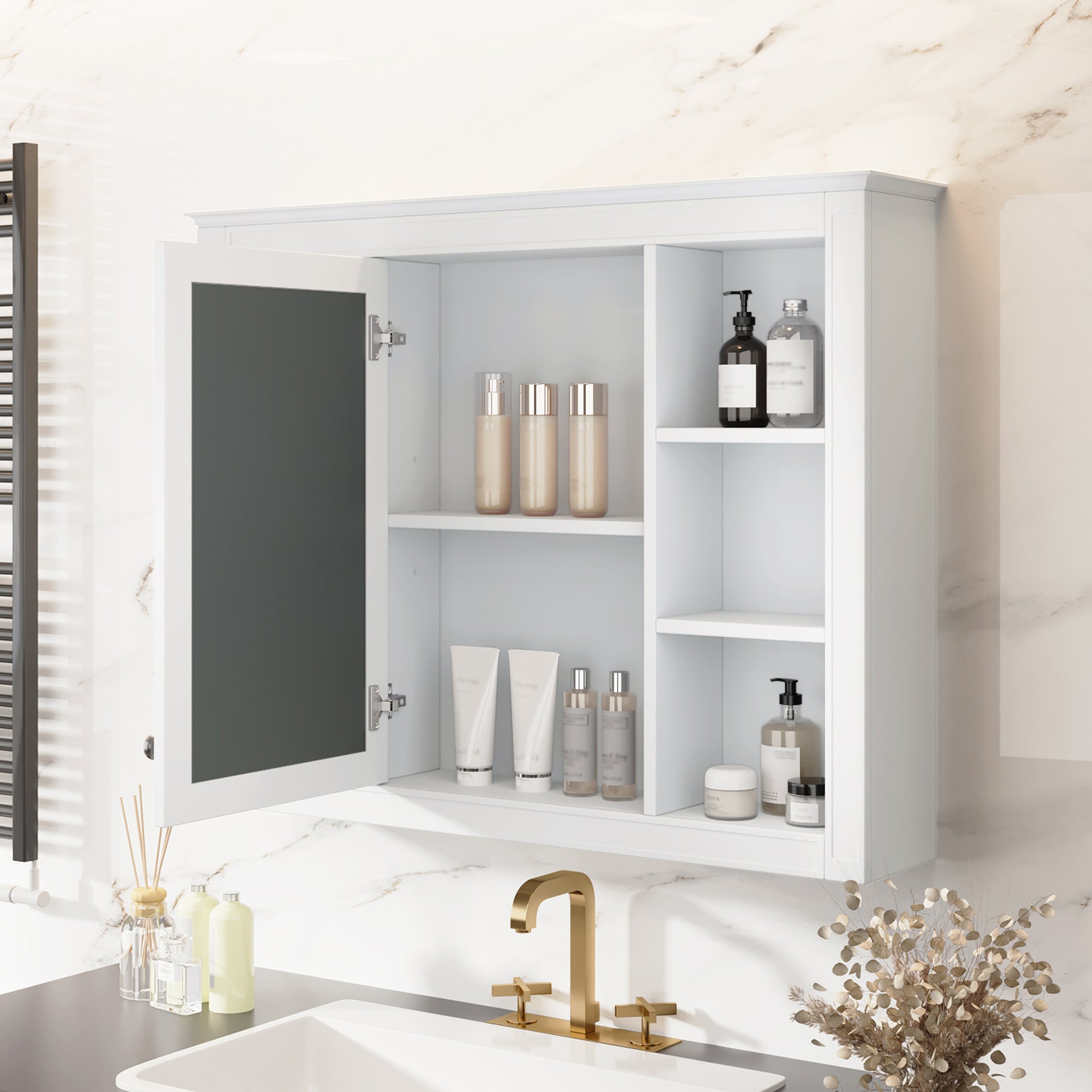 Wall-mounted mirror cabinet installed above bathroom vanity, side view