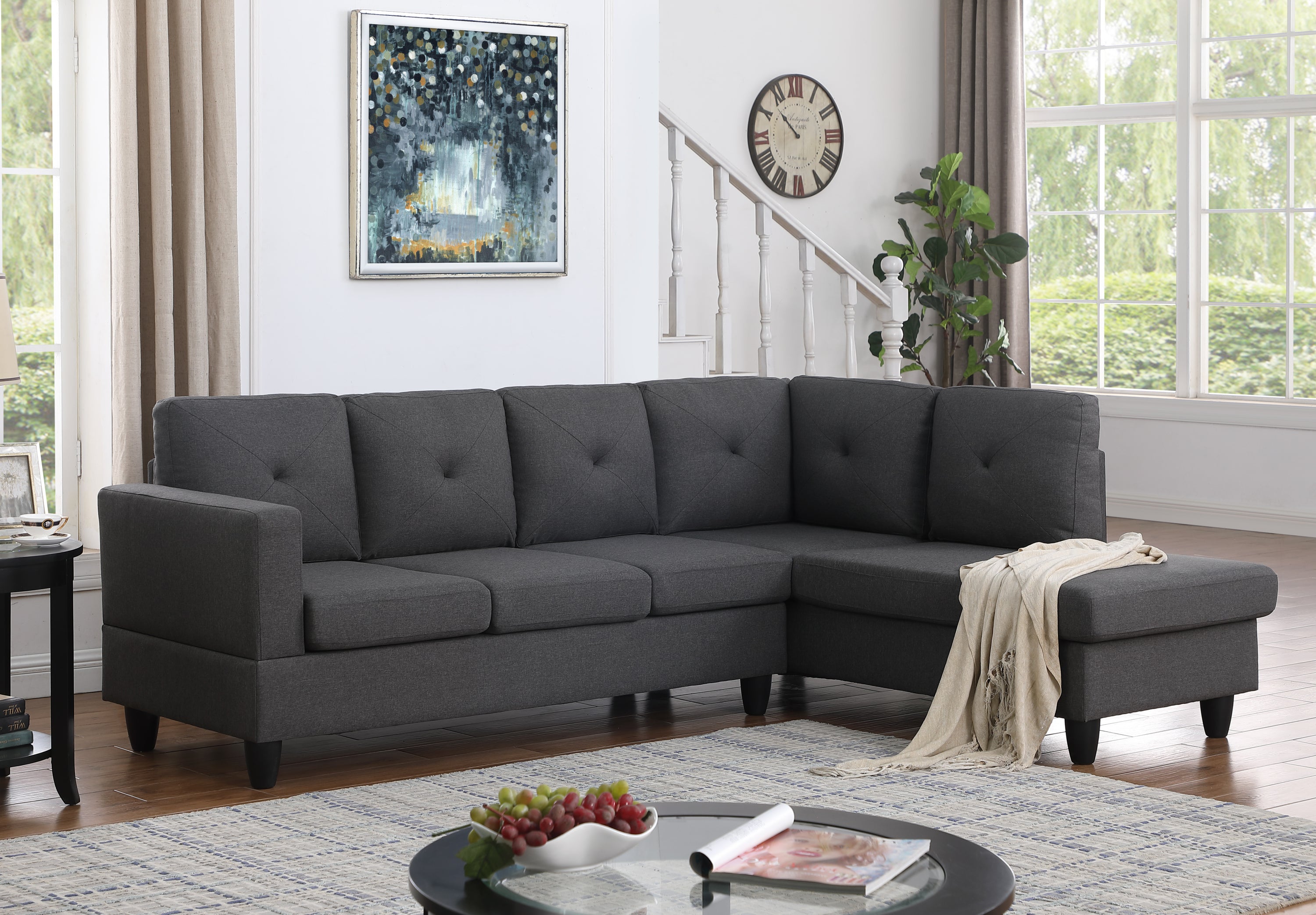 Santiago 96" Dark Gray Linen Sectional Sofa with Right Facing Chaise