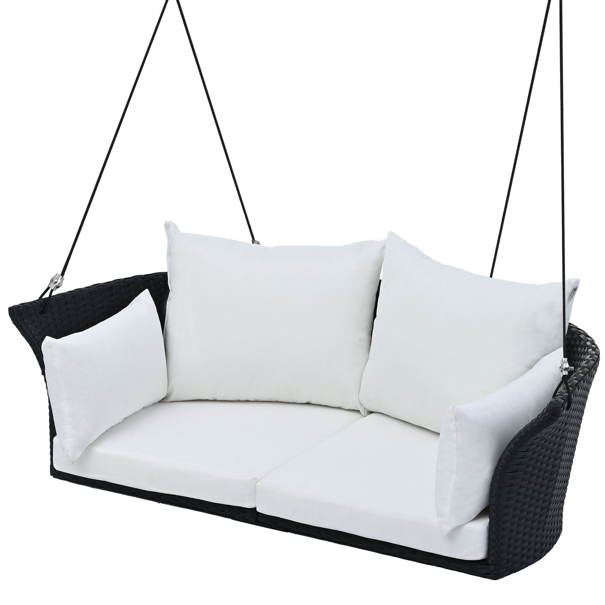 GO 51.9" 2-Person Hanging Seat, Rattan Woven Swing Chair, Porch Swing With Ropes, Black Wicker And White Cushion