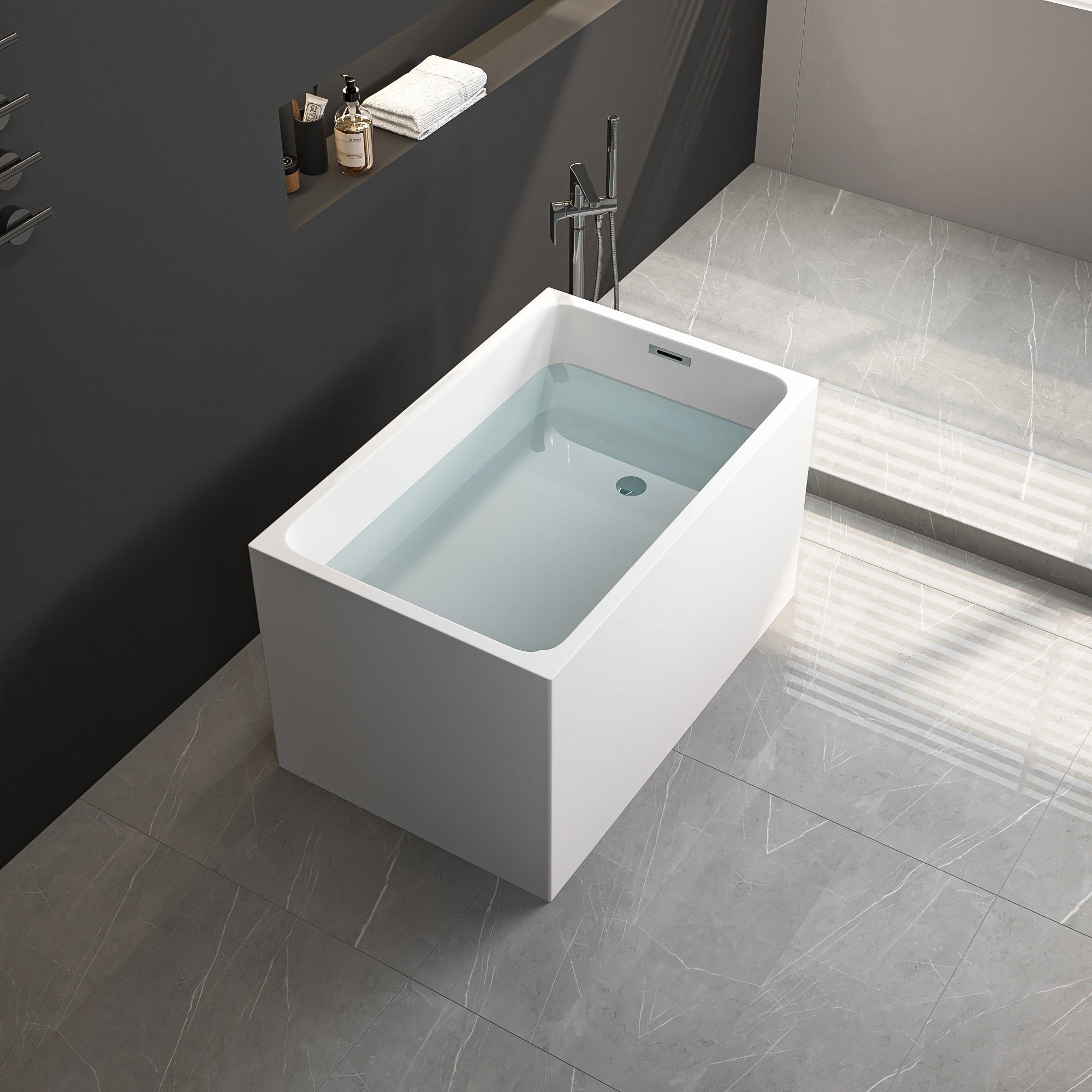 43" Acrylic Freestanding Bathtub: Spacious rectangle Shape, Gloss White Finish, Chrome Overflow & Pop-Up Drain