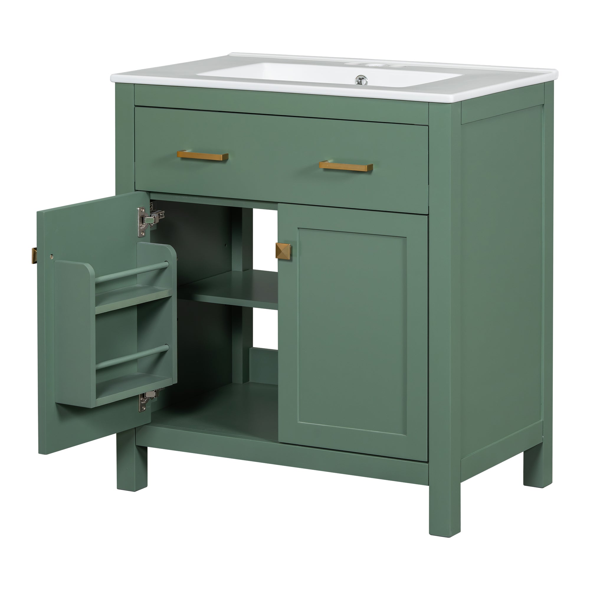 30-inch Bathroom Vanity with Ceramic Sink, Modern Green Single Bathroom Cabinet with 2 Doors and a Shelf, Soft Close Doors