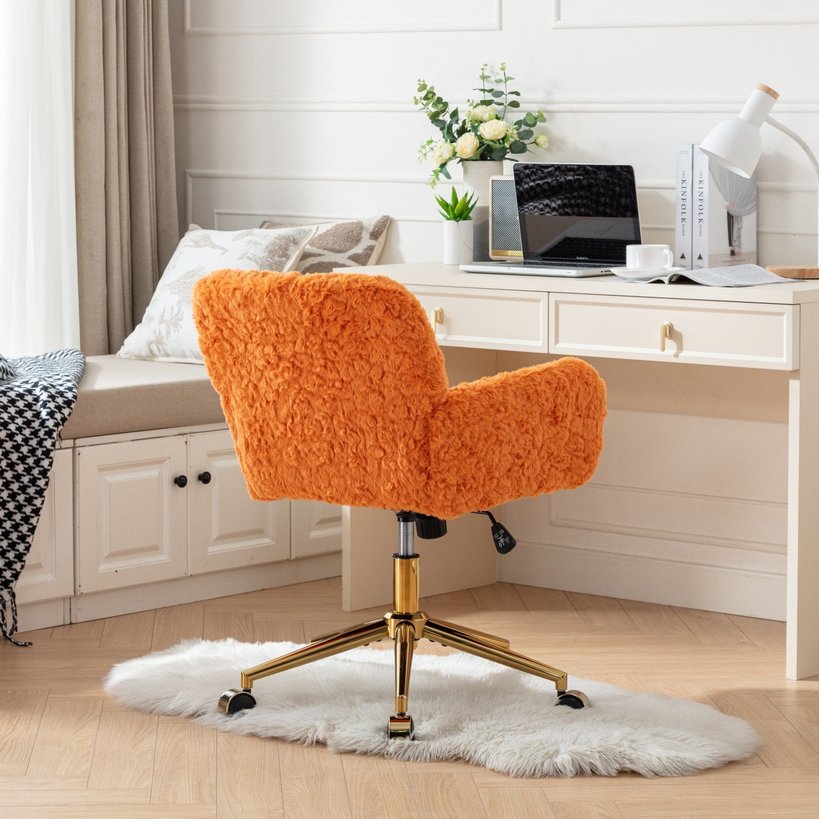 A&A Furniture Office Chair,Artificial rabbit hair Home Office Chair with Golden Metal Base,Adjustable Desk Chair Swivel Office Chair,Vanity Chair(Orange)