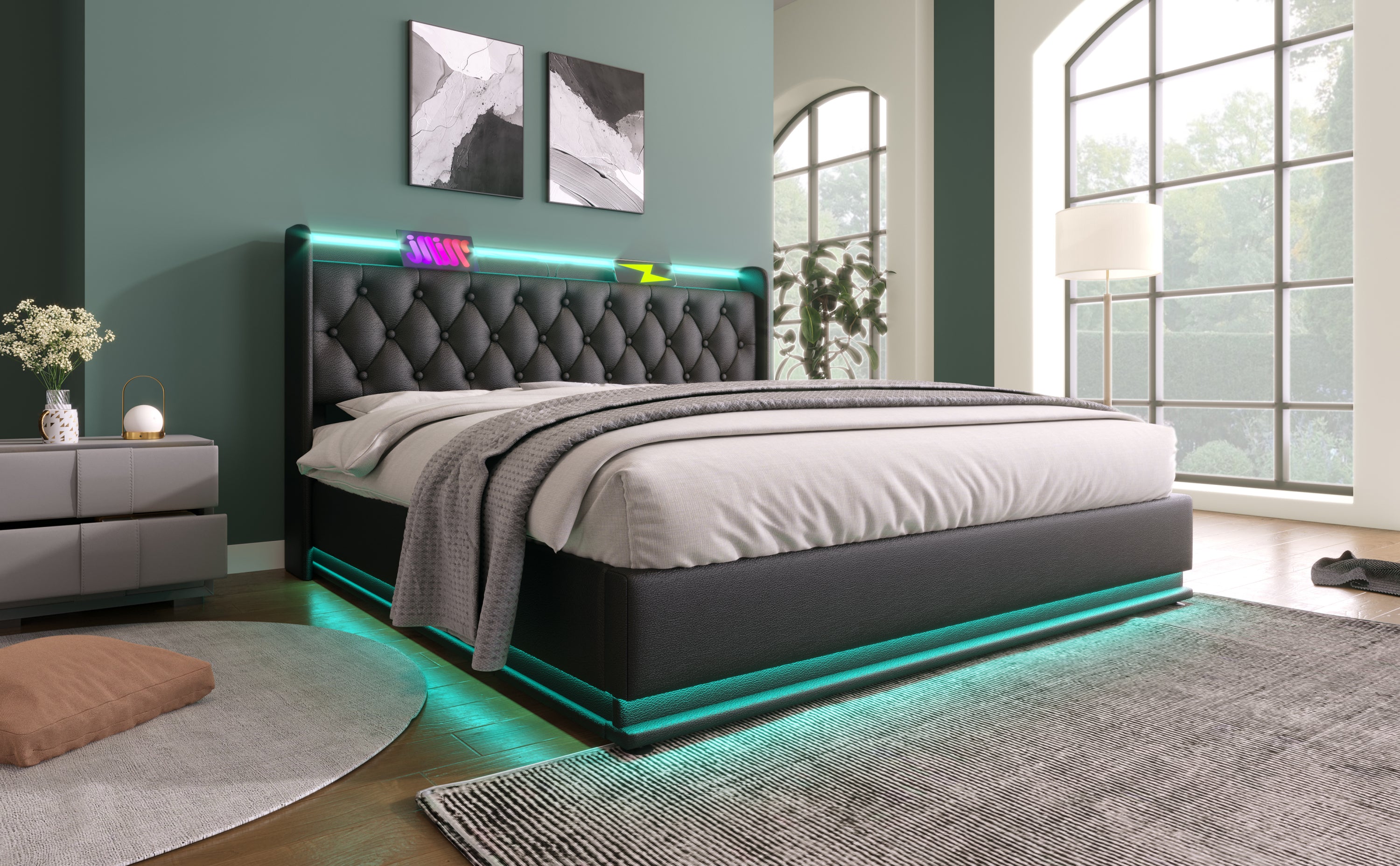 Queen size Upholstered bed, 360 surround LED function, Buttons/Apps/Remote Control, hydraulic storage bed with USB Type-C charging, Black,PU (Without mattress)