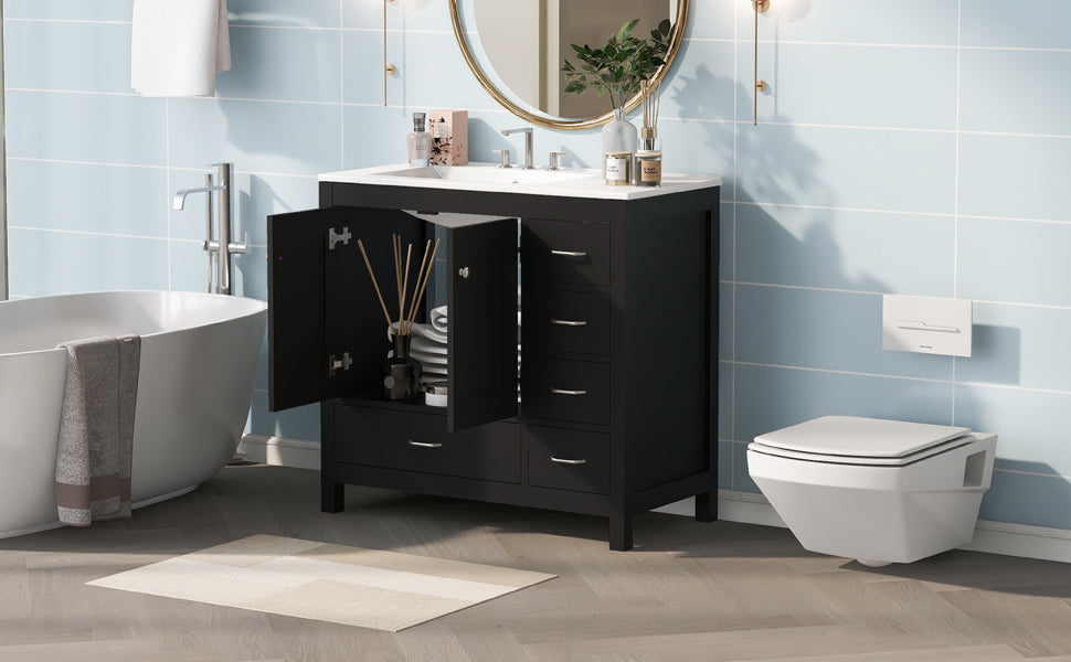 36" Black Bathroom Vanity with Ceramic Sink Combo, Abundant Storage Cabinet -2 Soft close doors and 5 drawers