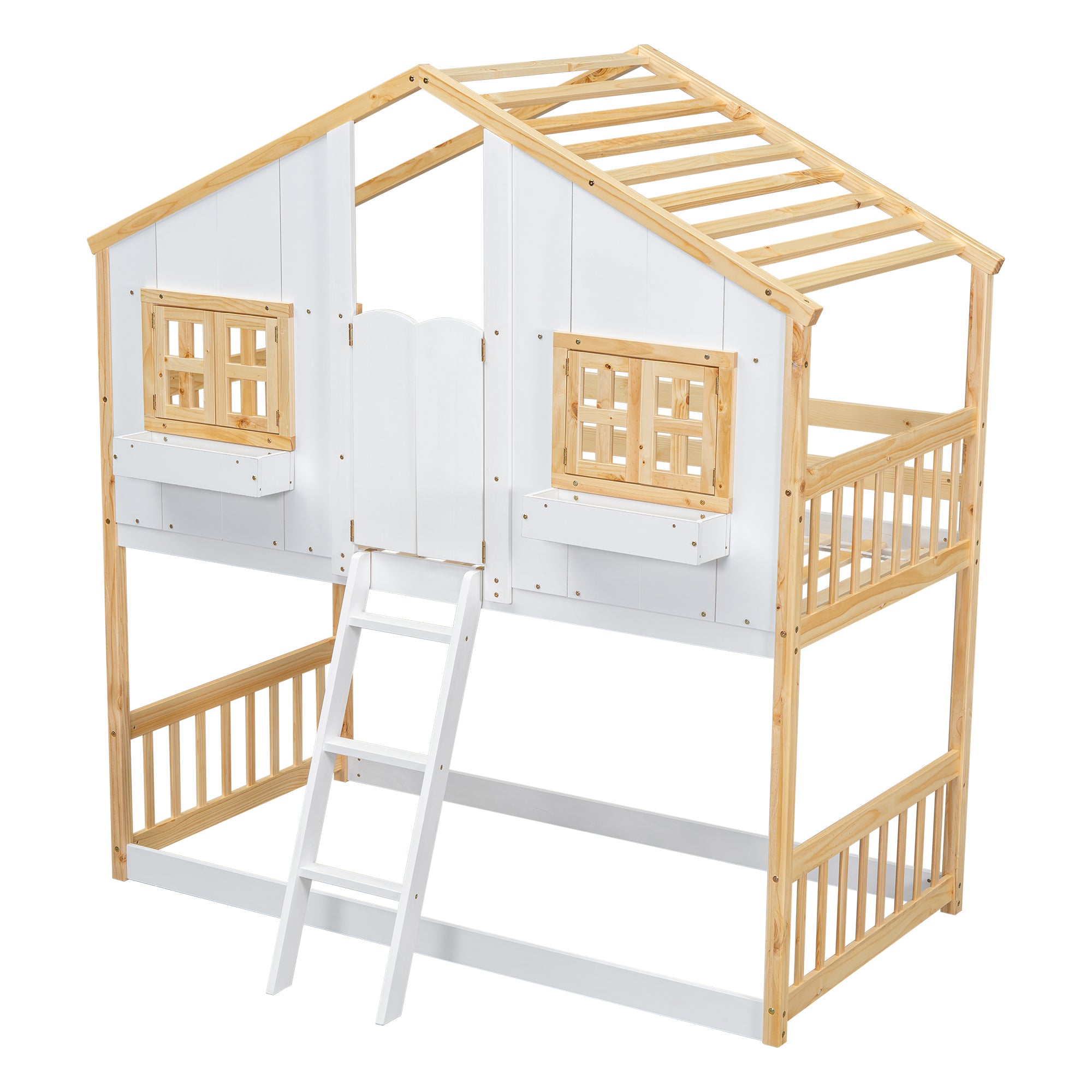 Twin over Twin House Bunk Bed with Roof , Window, Window  Box, Door , with Safety Guardrails and Ladder, Natural/White