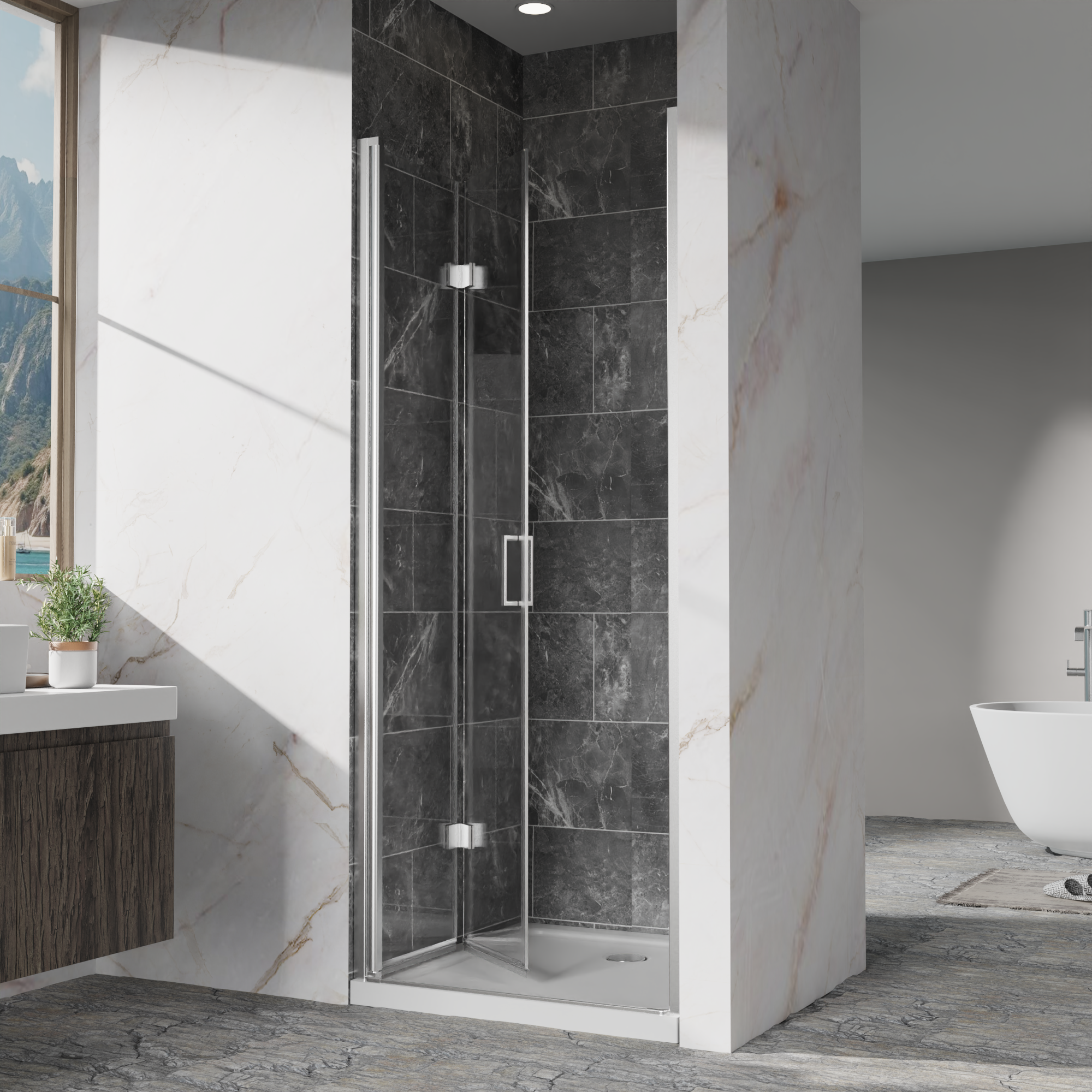 Frameless bi-fold shower door 30 x 72 chrome angled view