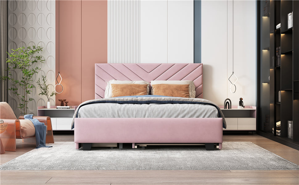 Queen Size Upholstered Platform Bed with Twill Headboard, Pullout Bed and Two Drawers, Flannel,Pink