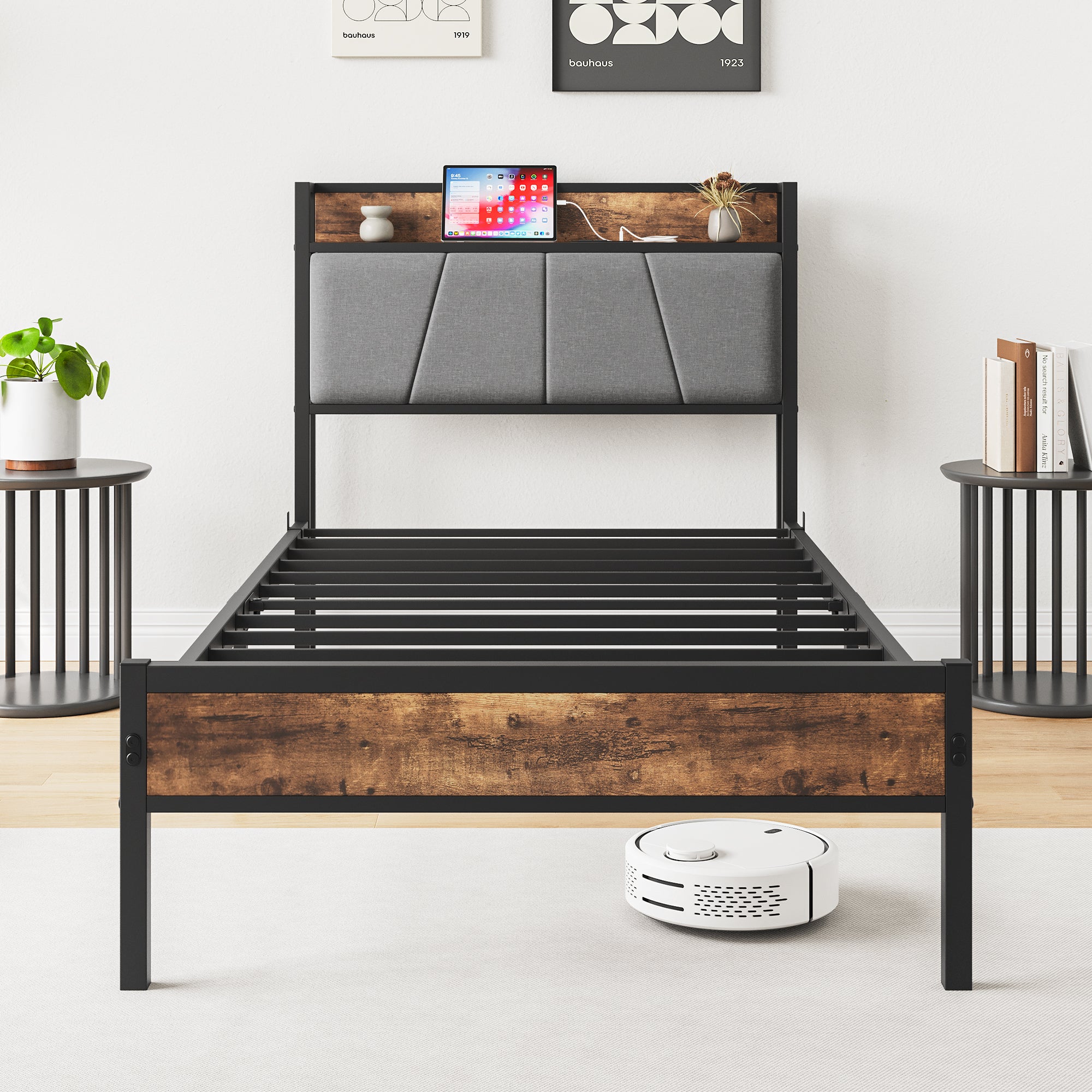 Twin Size Bed Frame, Storage Headboard with Charging Station, Solid and Stable, Noise Free, No Box Spring Needed, Easy Assembly