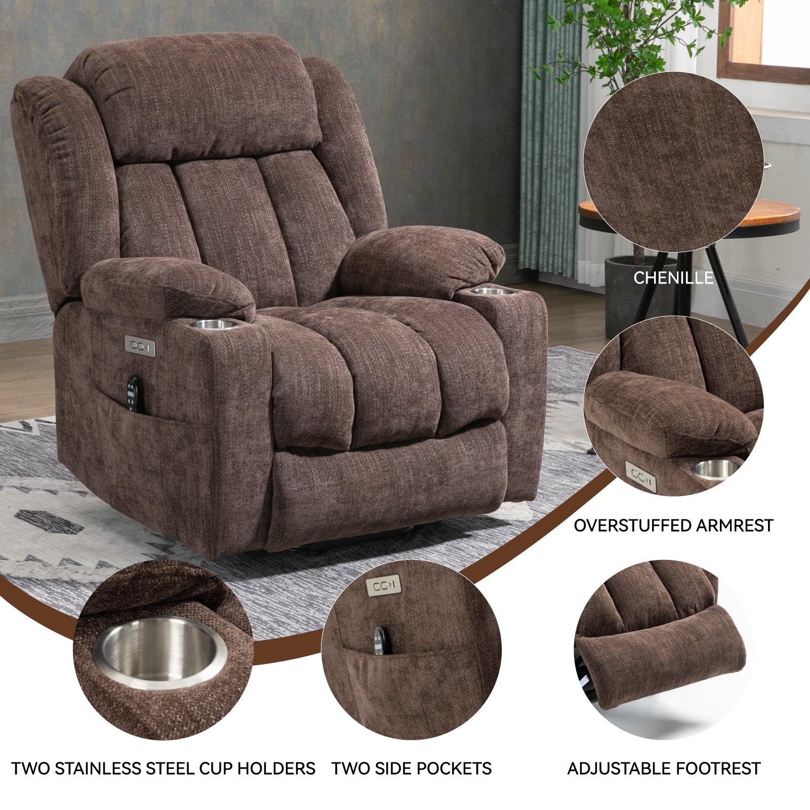 Up to 350 LBS Chenille Power Lift Recliner Chair, Heavy Duty Motion Mechanism with 8-Point Vibration Massage and Lumbar Heating, USB and Type-C Ports, Stainless Steel Cup Holders, Brown