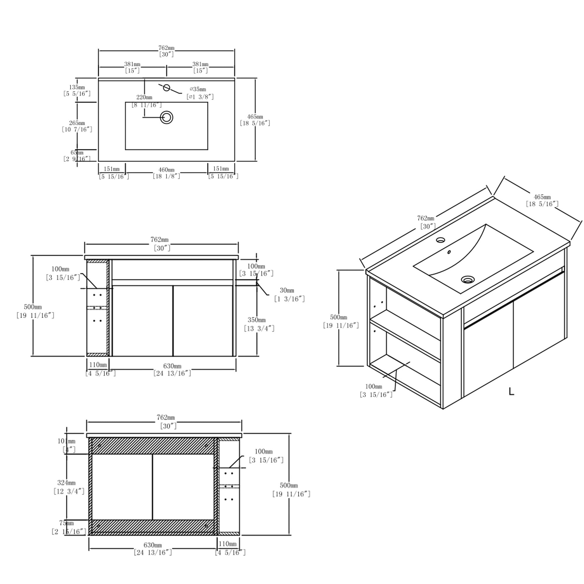30 inch grey plywood floating bathroom vanity with ceramic sink, styled view