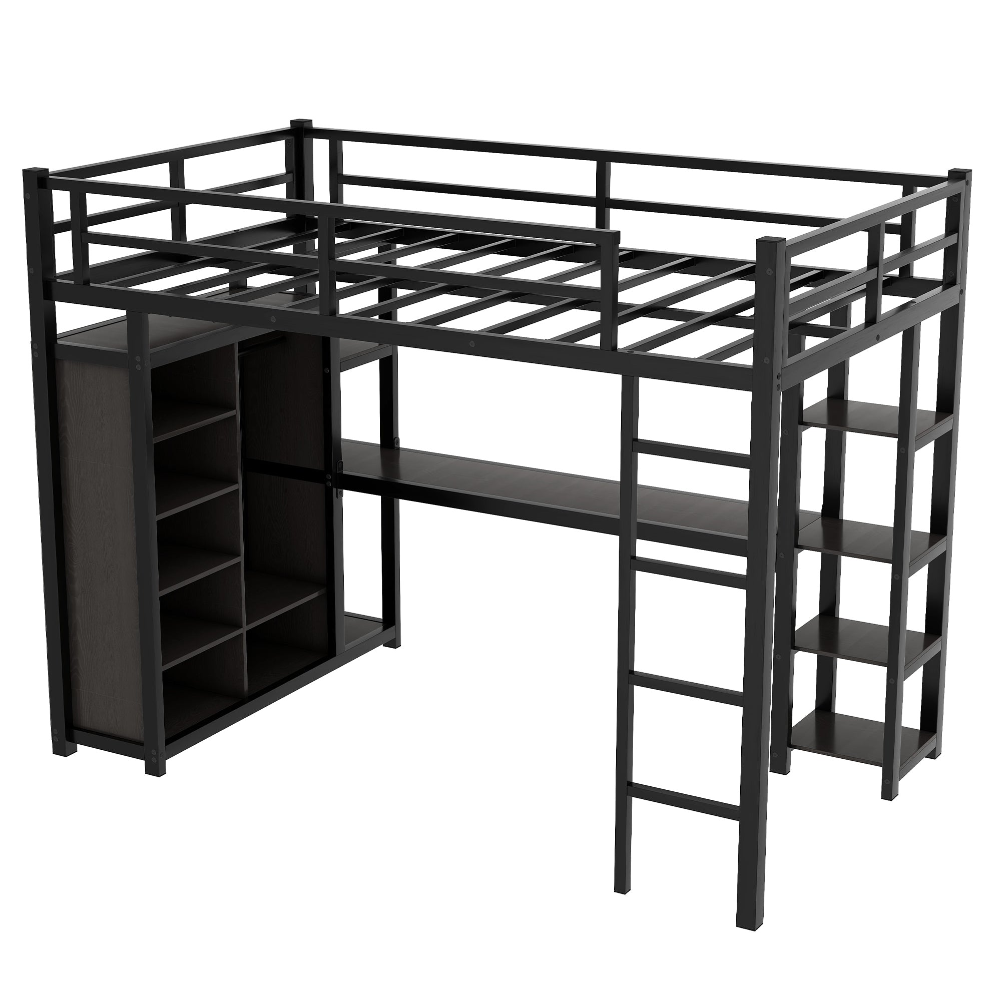 Metal Full Size Loft Bed with Desk,Shelves,Wardrobe, Black