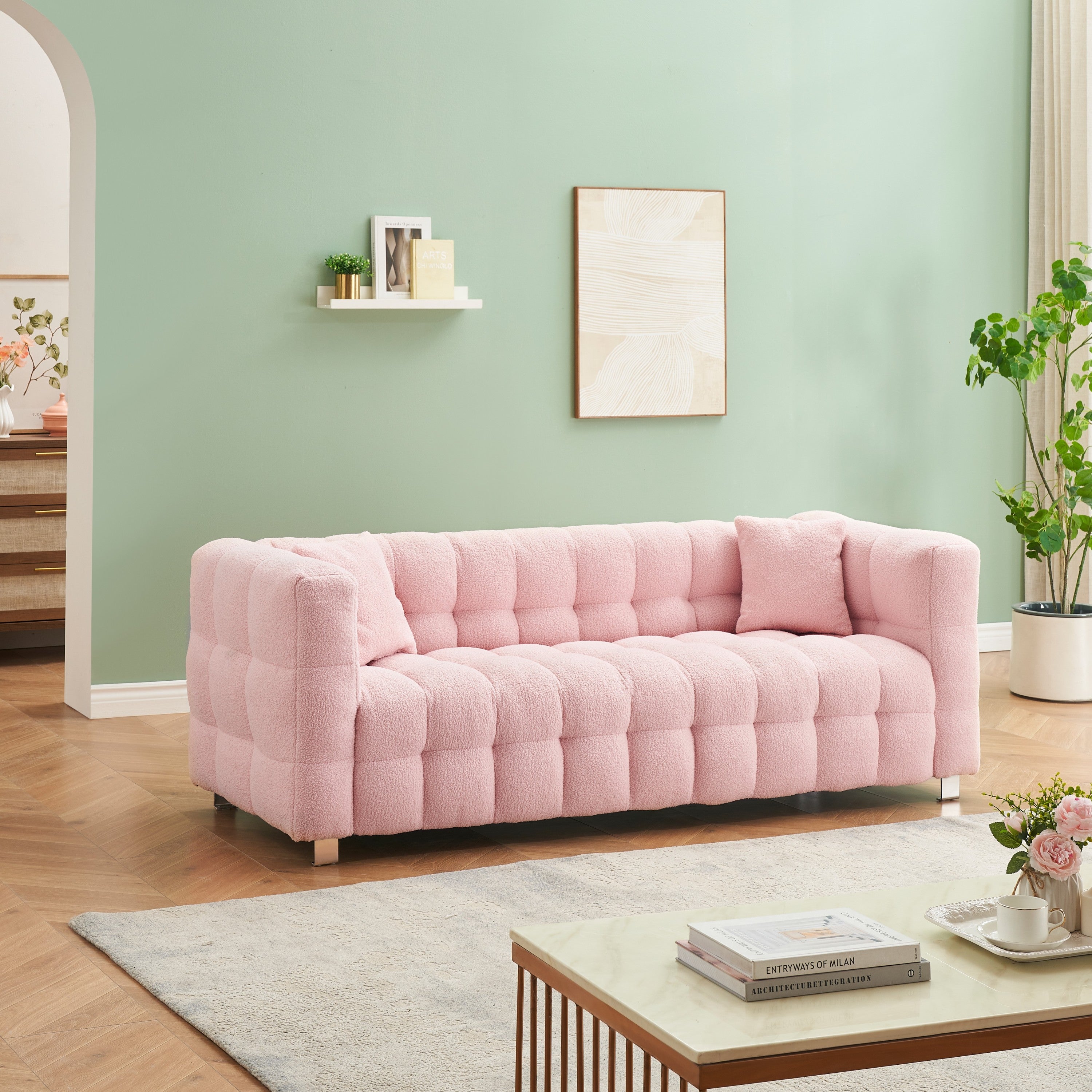 Stylish Addition: Pink Teddy Fleece Sofa - 80 Inch, Perfect for Living Room or Bedroom, Complete with Two Throw Pillows and Sturdy Hardware Foot Support