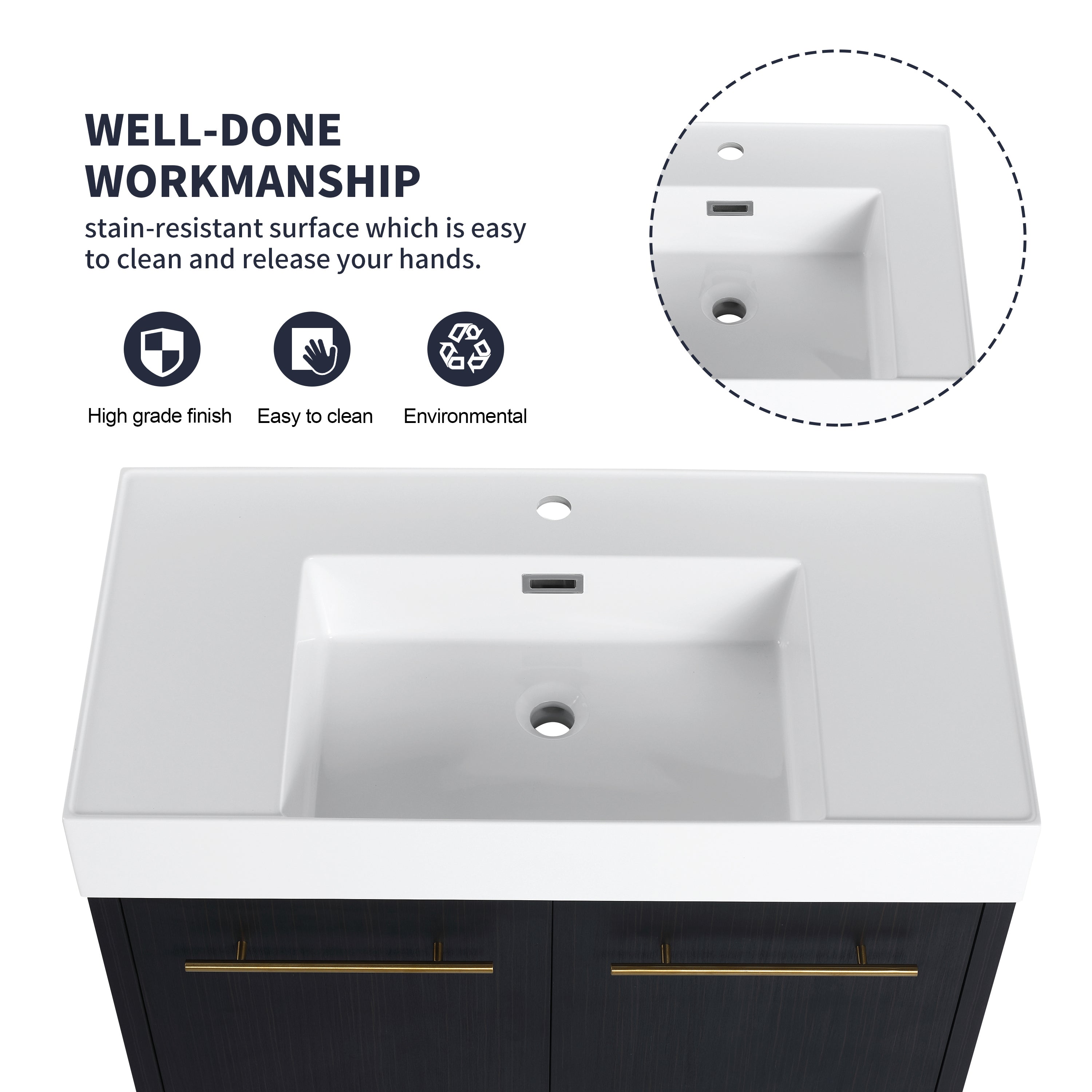 36 Inch Wall-Mounted Bathroom Vanity with Sink, Thick Edged Resin Basin, KD-Package