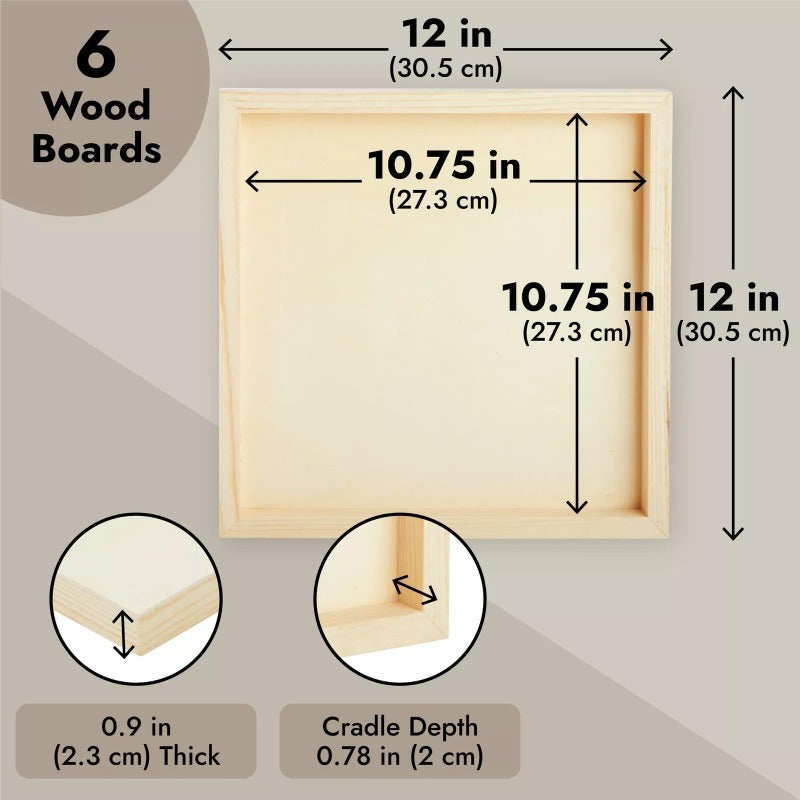 6 Pcs Wooden Canvas Boards for Painting in 12x12 Wooden Craft Panels