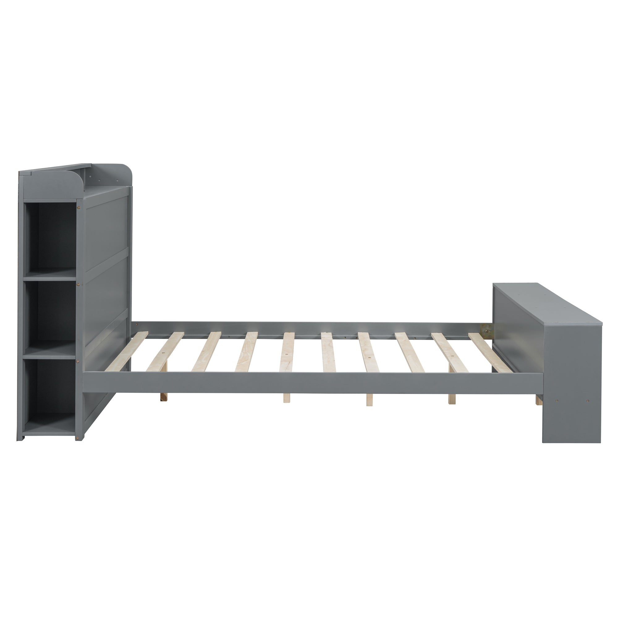 Full Size Platform Bed with built-in shelves, LED Light and USB ports, Gray