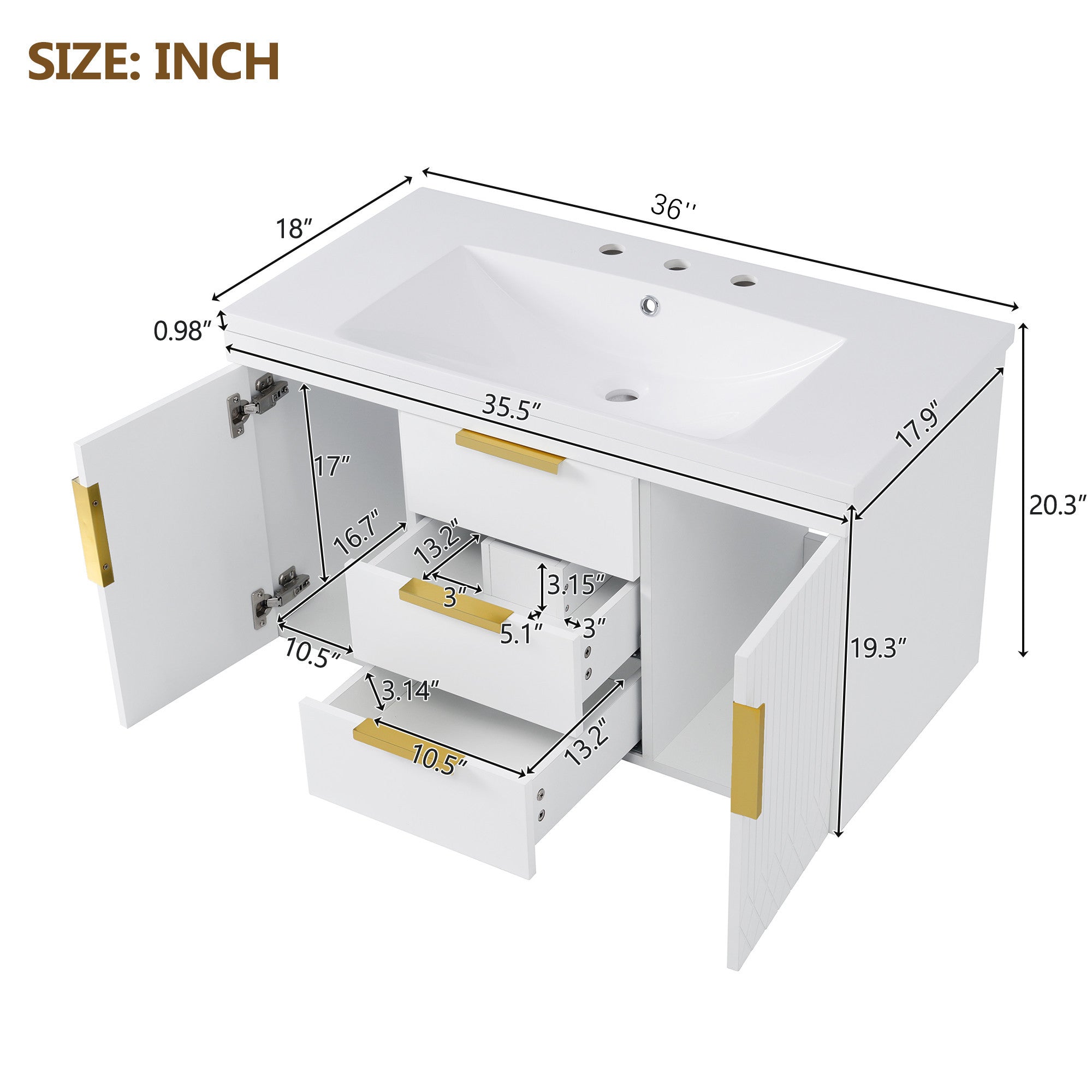 36'' Wall Mounted Bathroom Vanity with Resin Sink, Floating Bathroom Storage Cabinet with 2 Drawers, Solid Wood Bathroom Cabinet