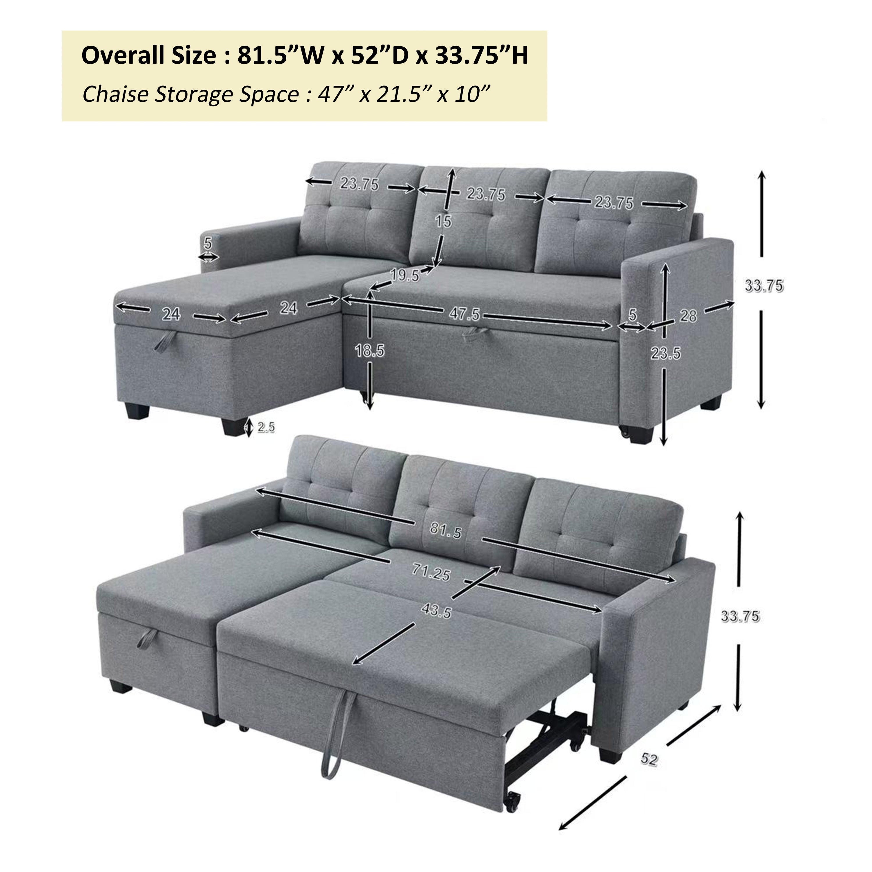 Upholstered Pull Out Sectional Sofa with Storage Chaise, Convertible Corner Couch, Light Grey