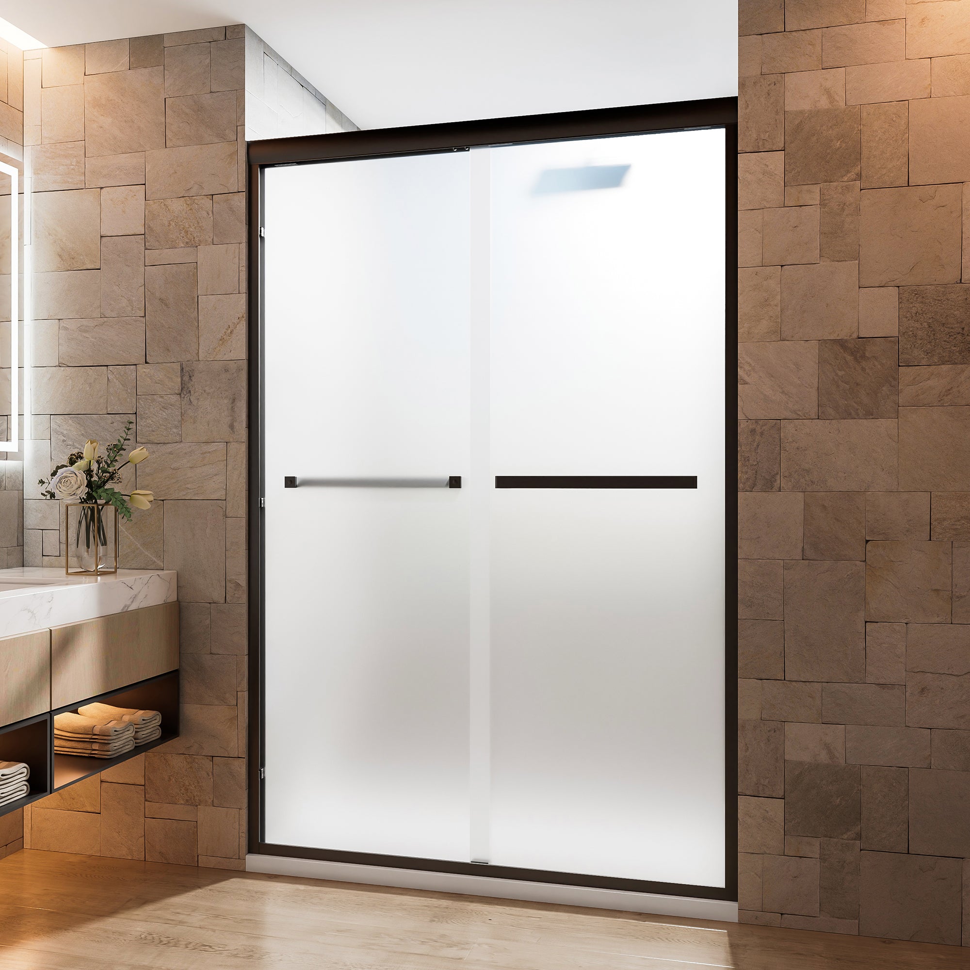 44-60 x 72 in Frosted Framed Double Sliding Shower Door - 44-48 x 72 in / Frosted Glass / Matte Black view 2